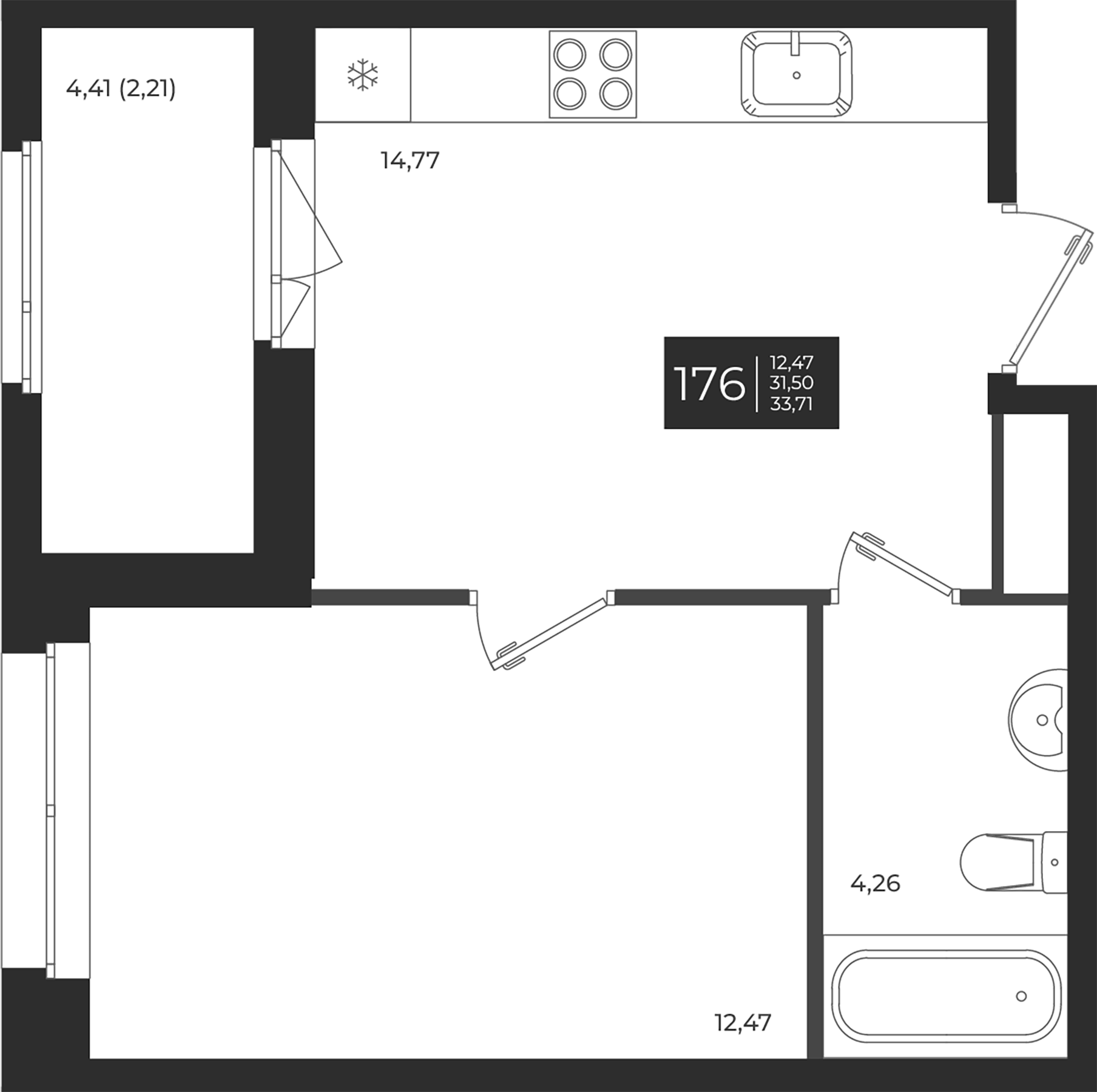 Планировка — Новатория, 1-комн., 32 м²