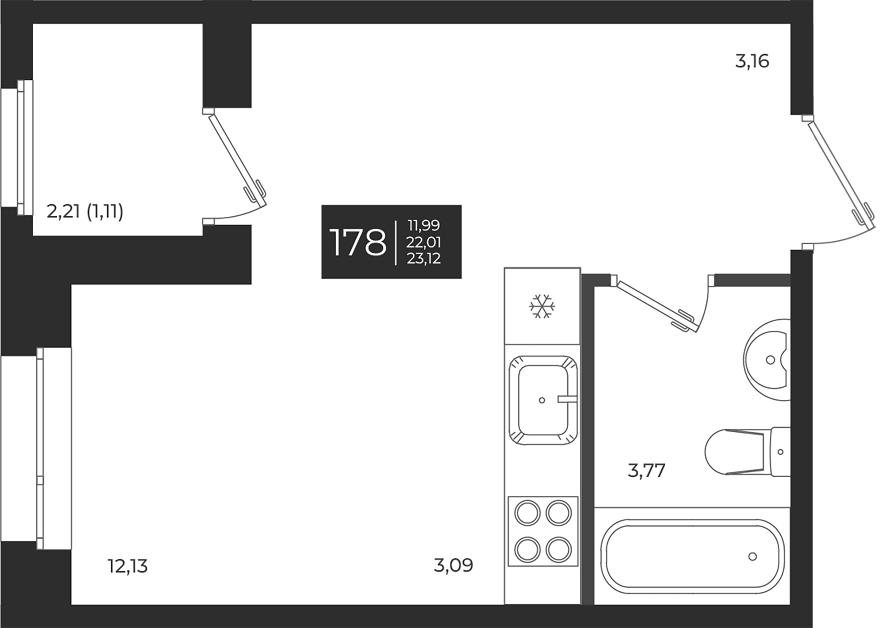 Планировка — Новатория, Студия, 22 м²
