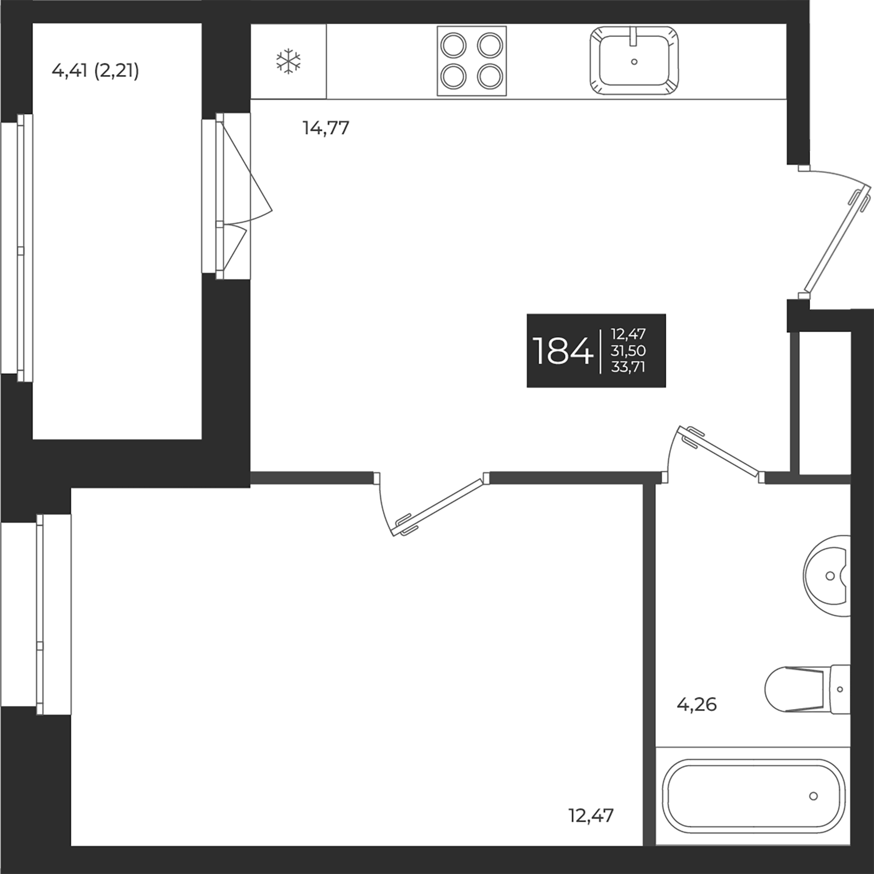 Планировка — Новатория, 1-комн., 32 м²