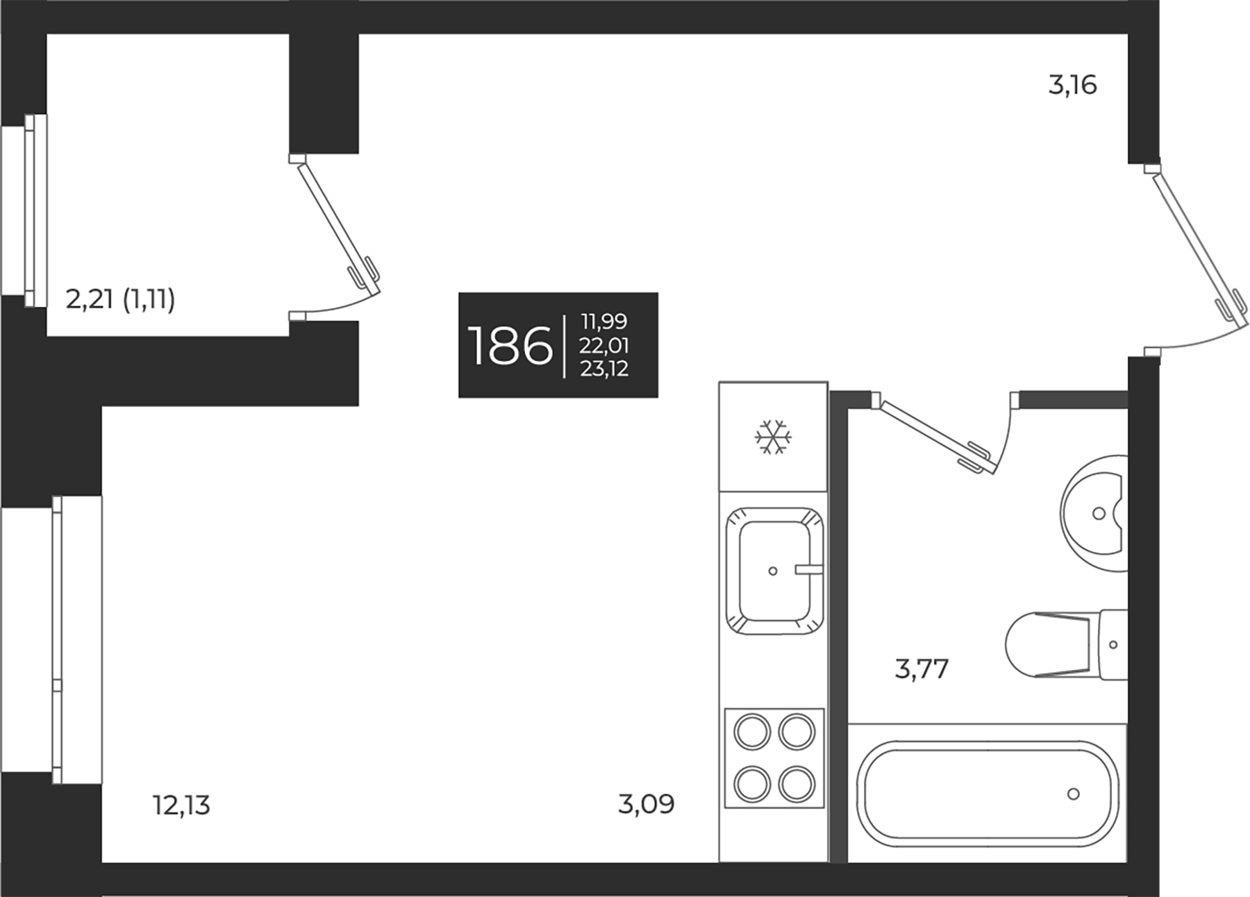 Планировка — Новатория, Студия, 22 м²