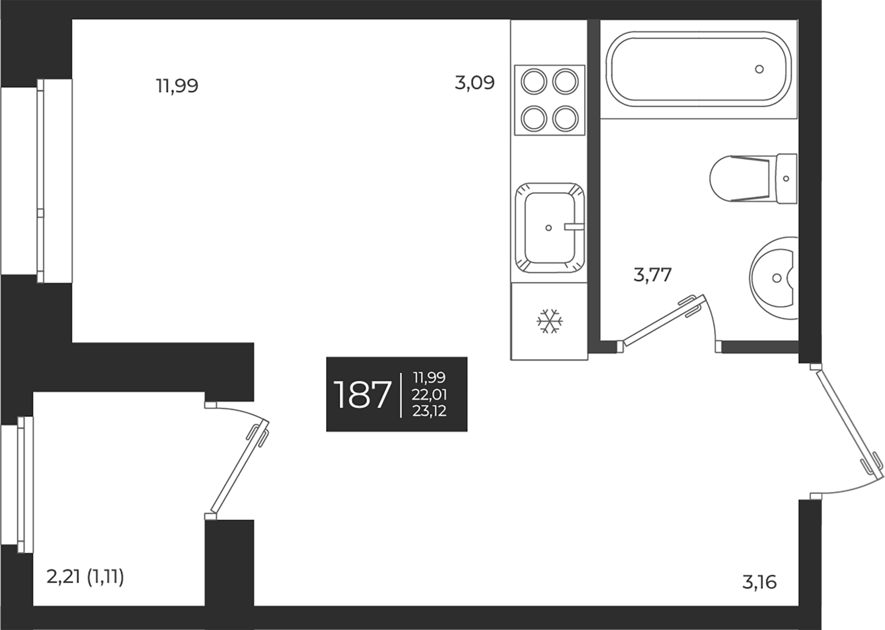 Планировка — Новатория, Студия, 22 м²