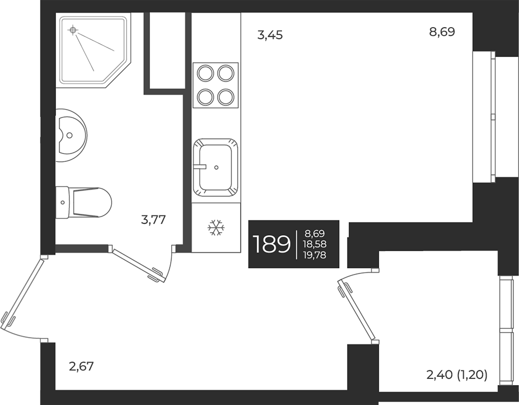 Планировка — Новатория, Студия, 19 м²
