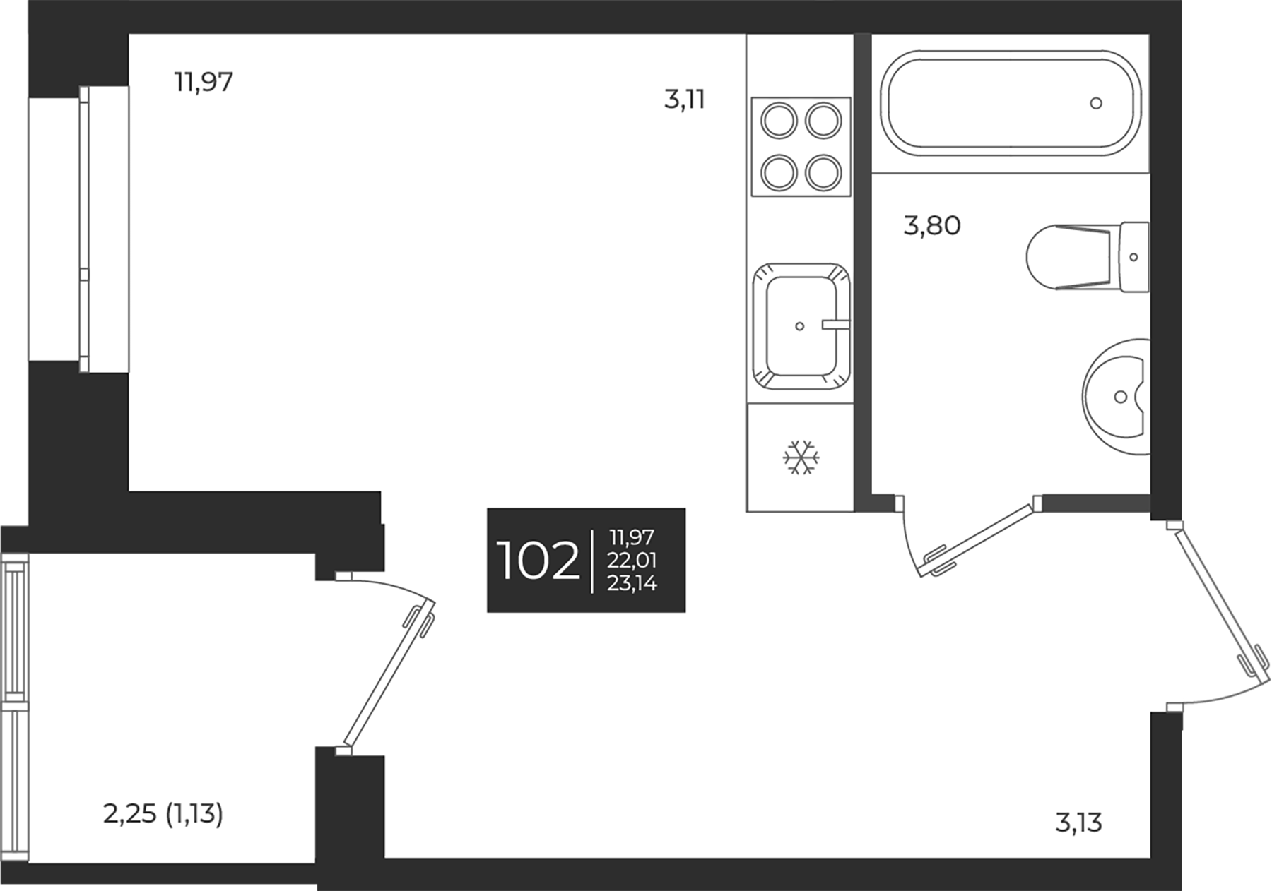 Планировка — Новатория, Студия, 22 м²