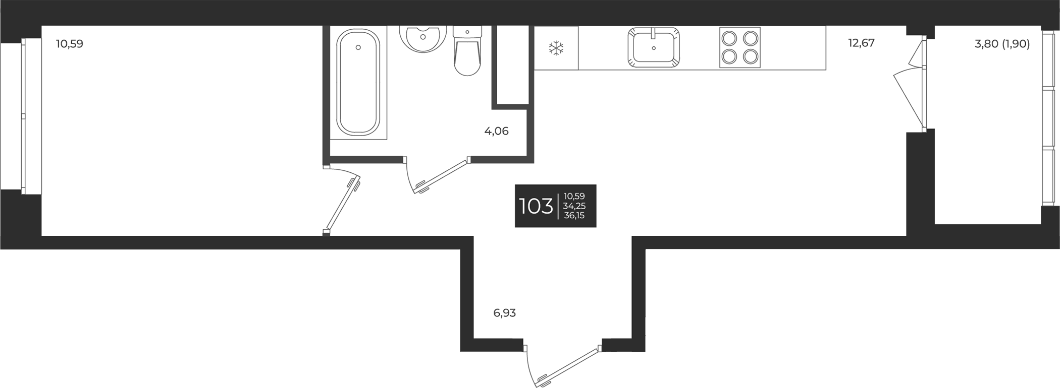 Планировка — Новатория, 1-комн., 34 м²