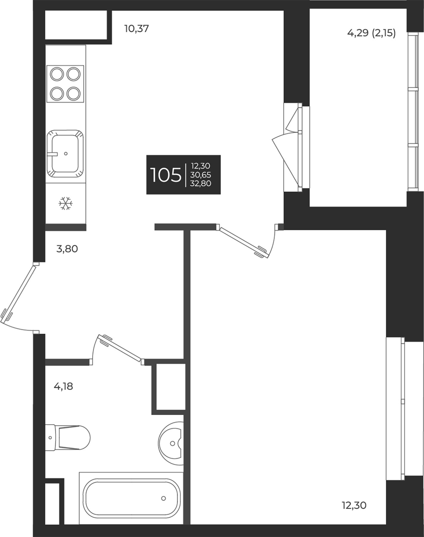 Планировка — Новатория, 1-комн., 31 м²