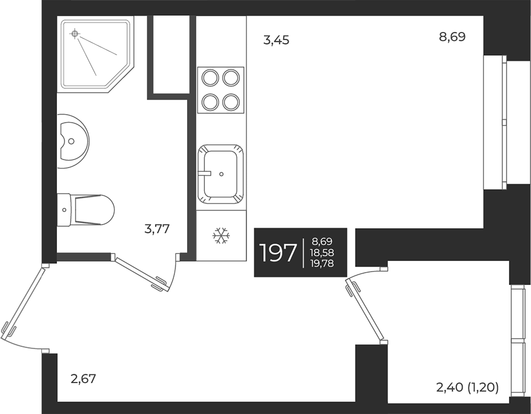 Планировка — Новатория, Студия, 19 м²
