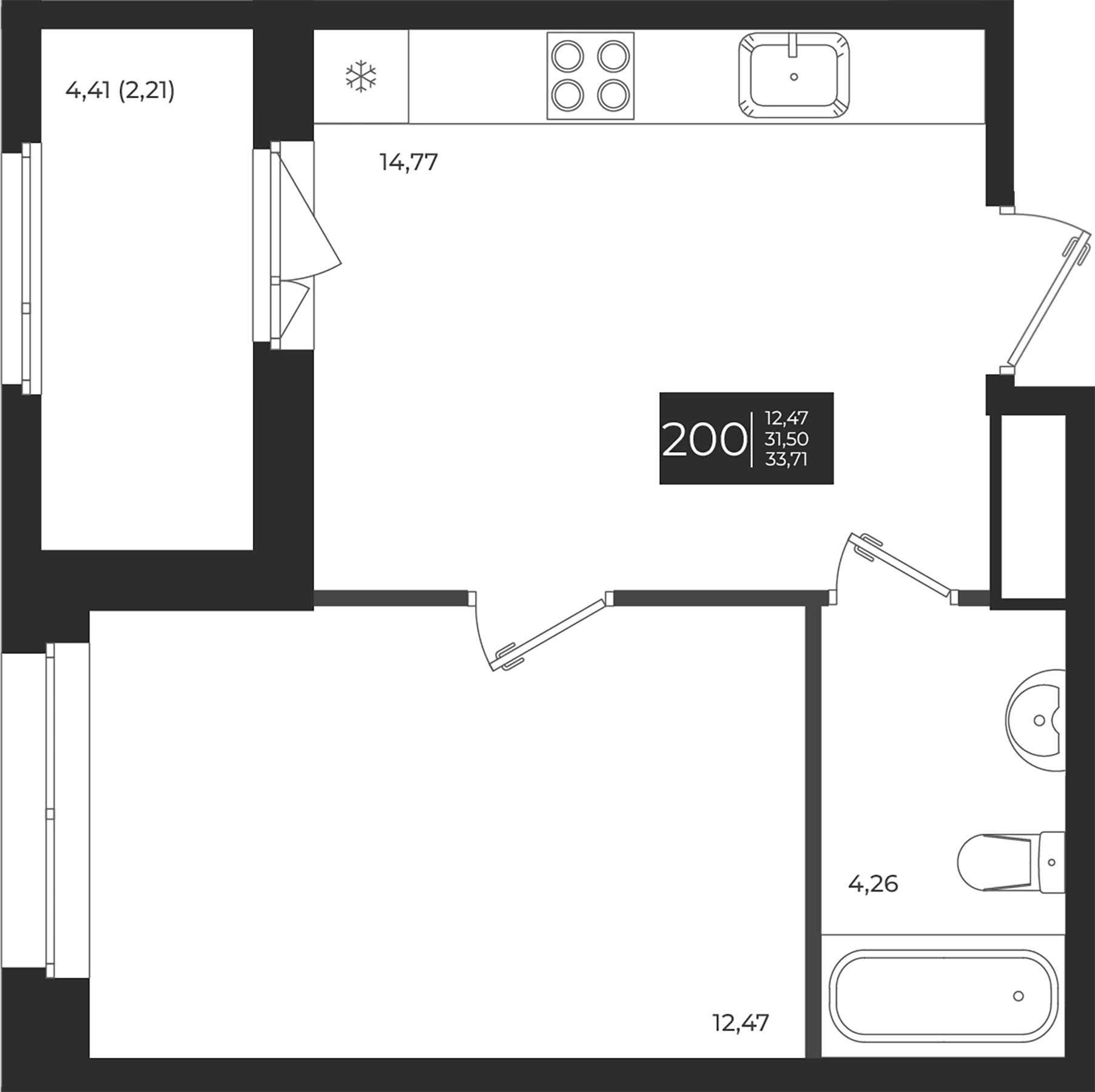 Планировка — Новатория, 1-комн., 32 м²