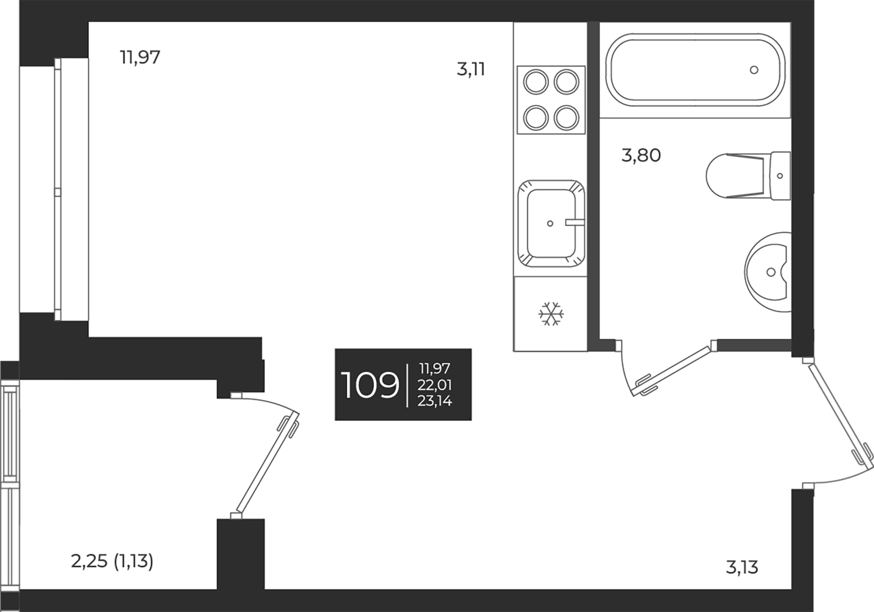 Планировка — Новатория, Студия, 22 м²