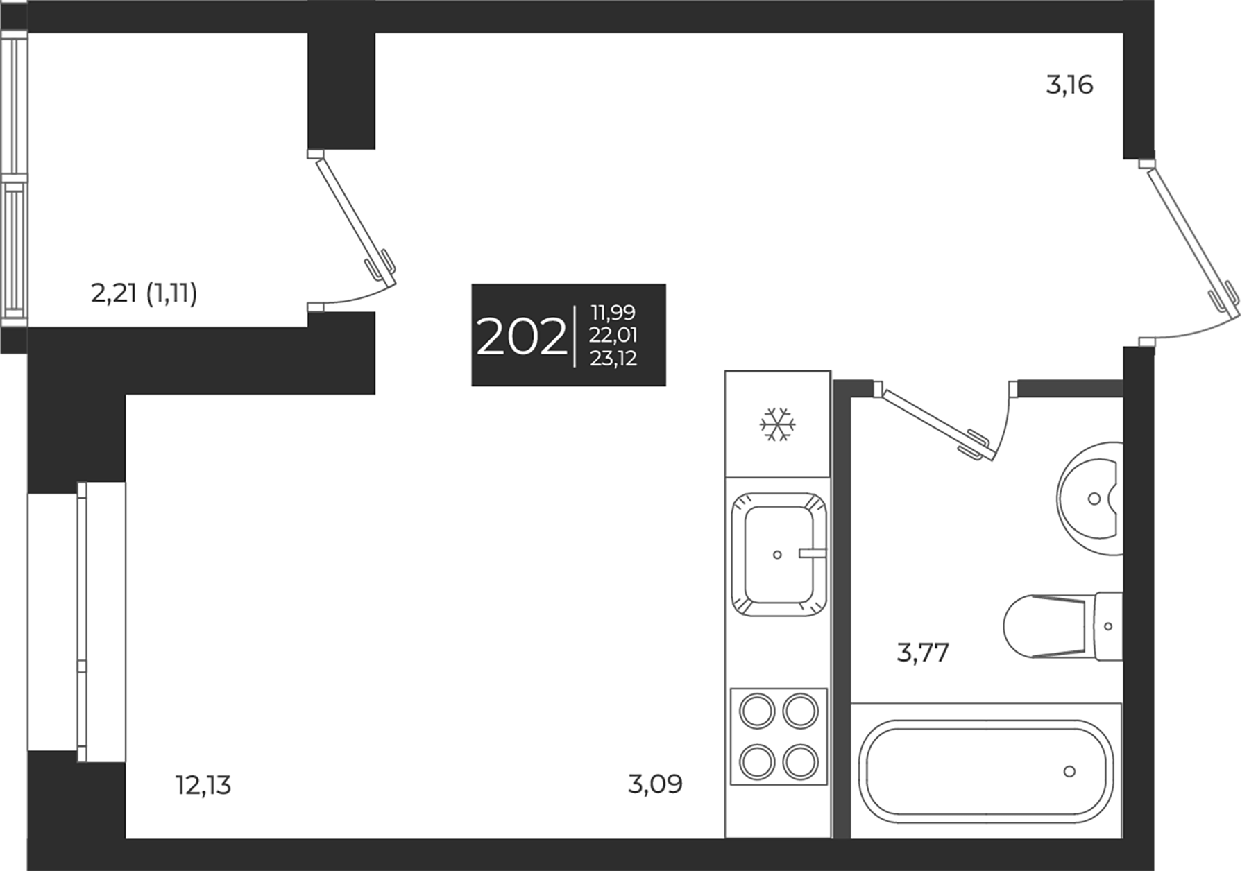 Планировка — Новатория, Студия, 22 м²