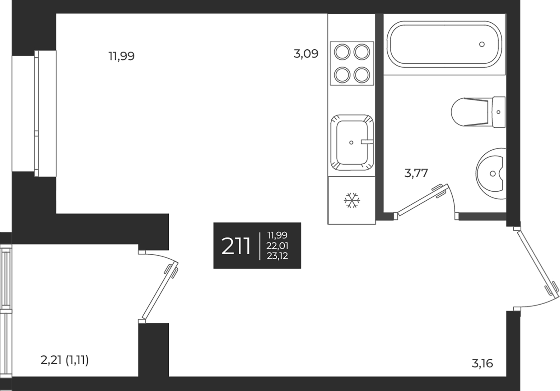 Планировка — Новатория, Студия, 22 м²