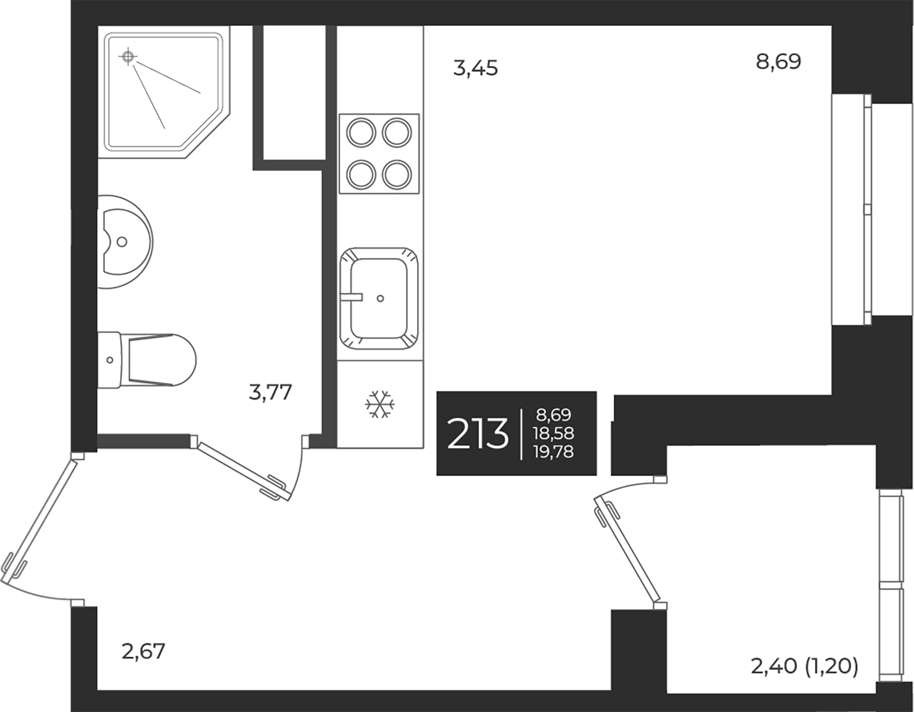 Планировка — Новатория, Студия, 19 м²