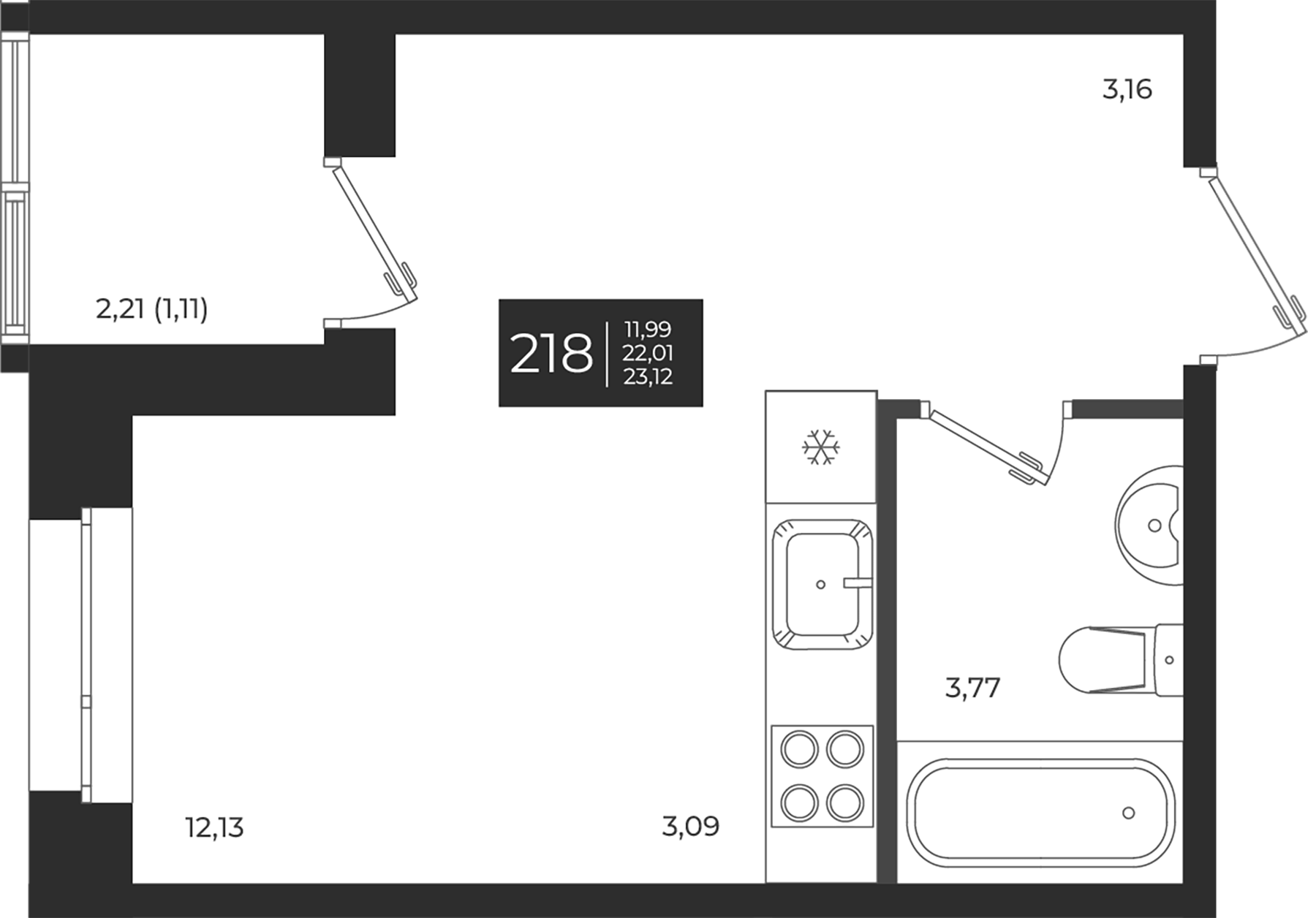Планировка — Новатория, Студия, 22 м²
