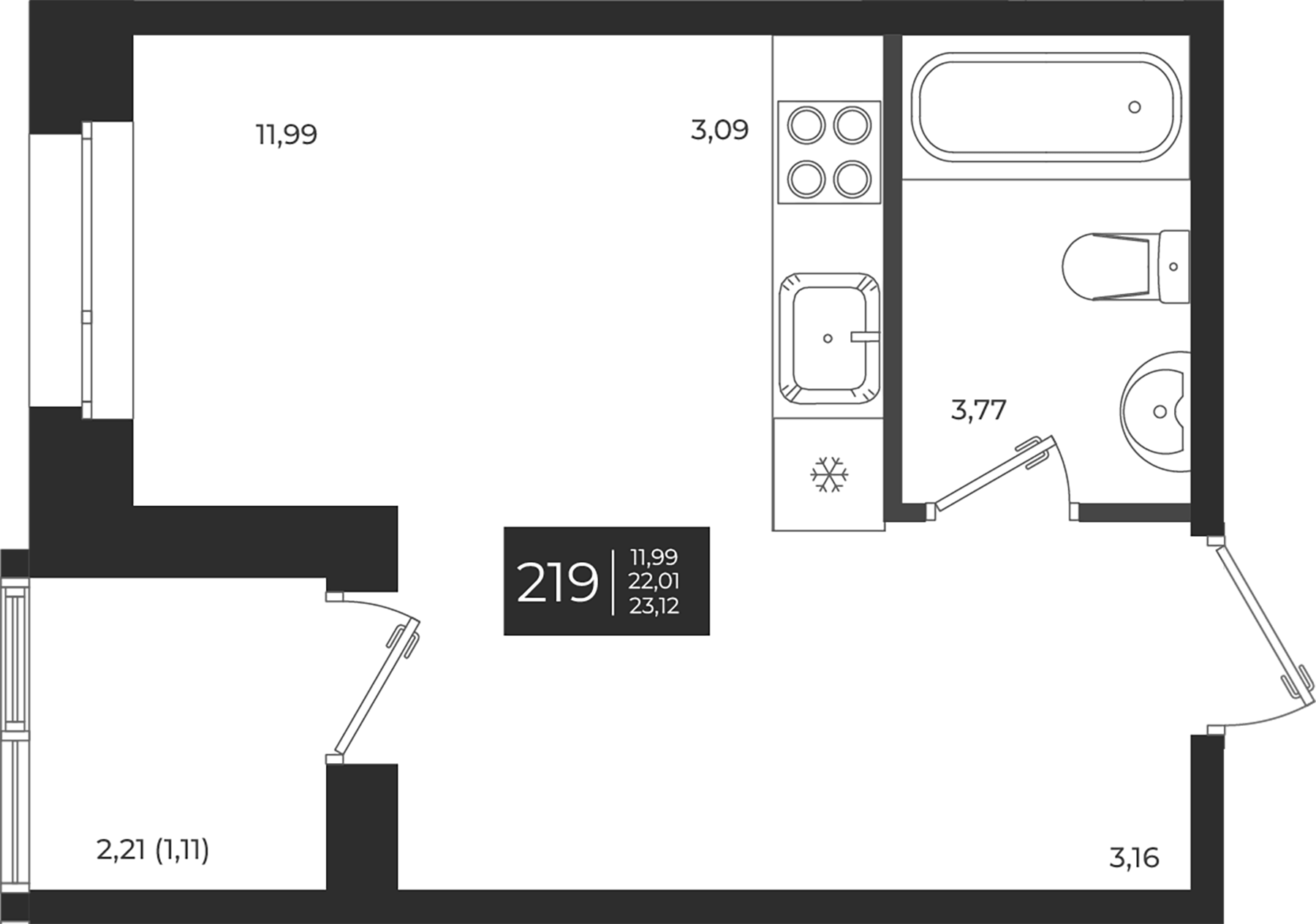 Планировка — Новатория, Студия, 22 м²