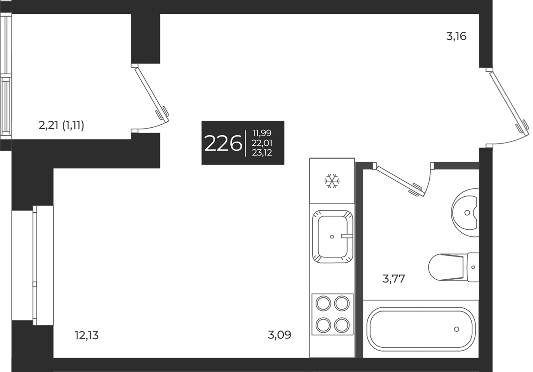 Планировка — Новатория, Студия, 22 м²