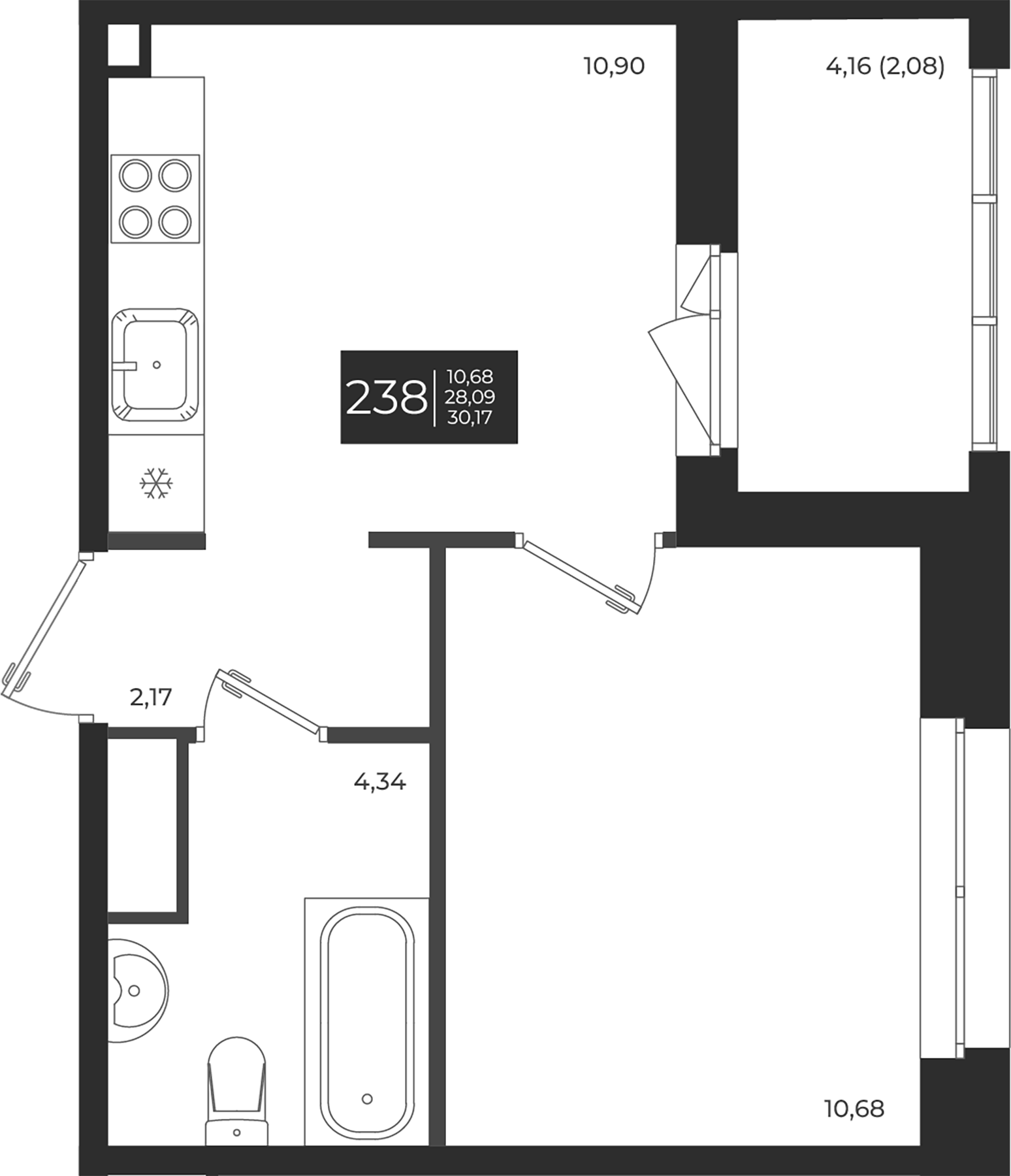 Планировка — Новатория, 1-комн., 28 м²