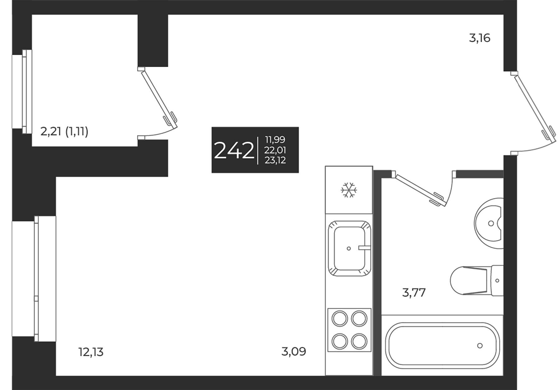 Планировка — Новатория, Студия, 22 м²
