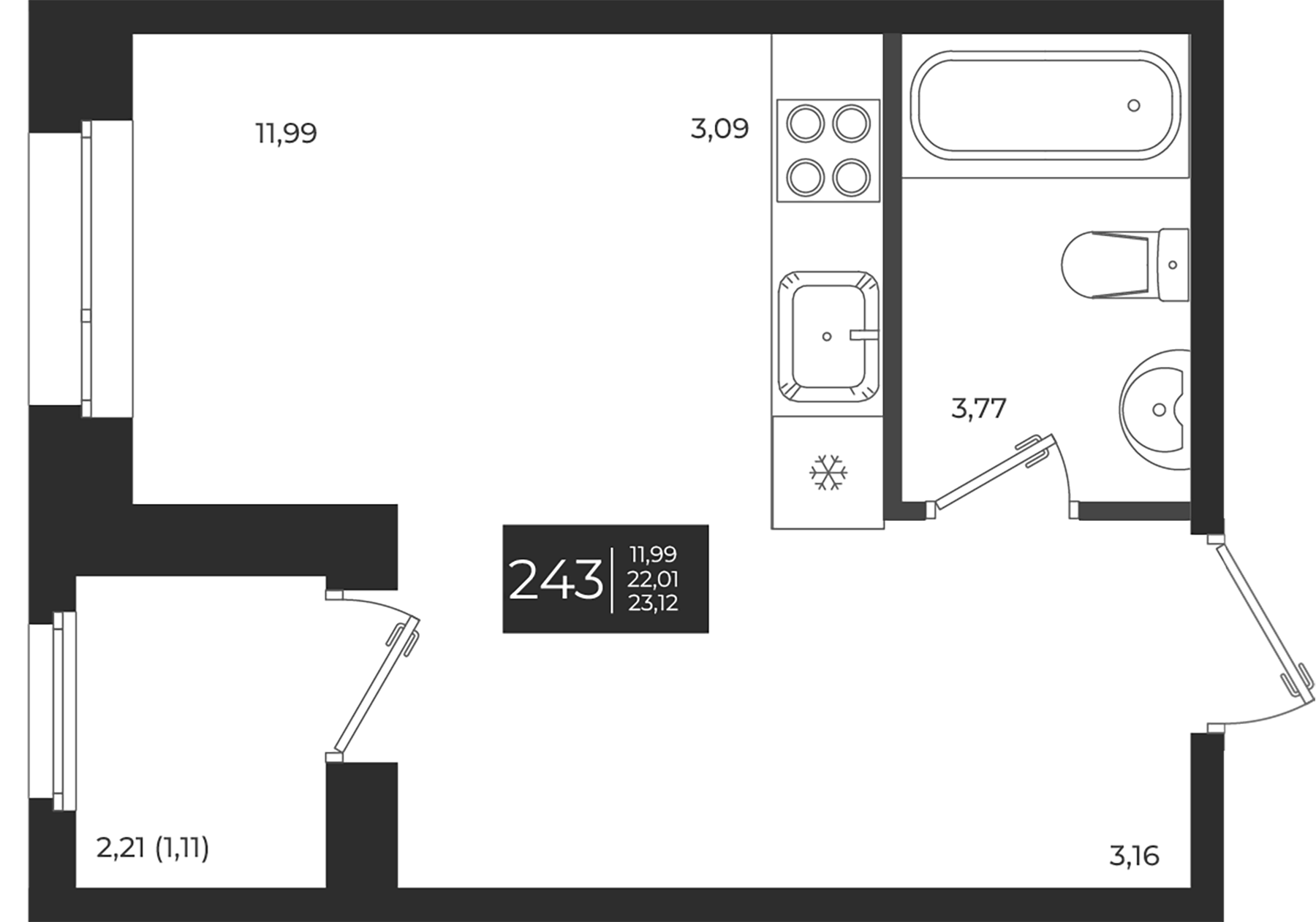 Планировка — Новатория, Студия, 22 м²