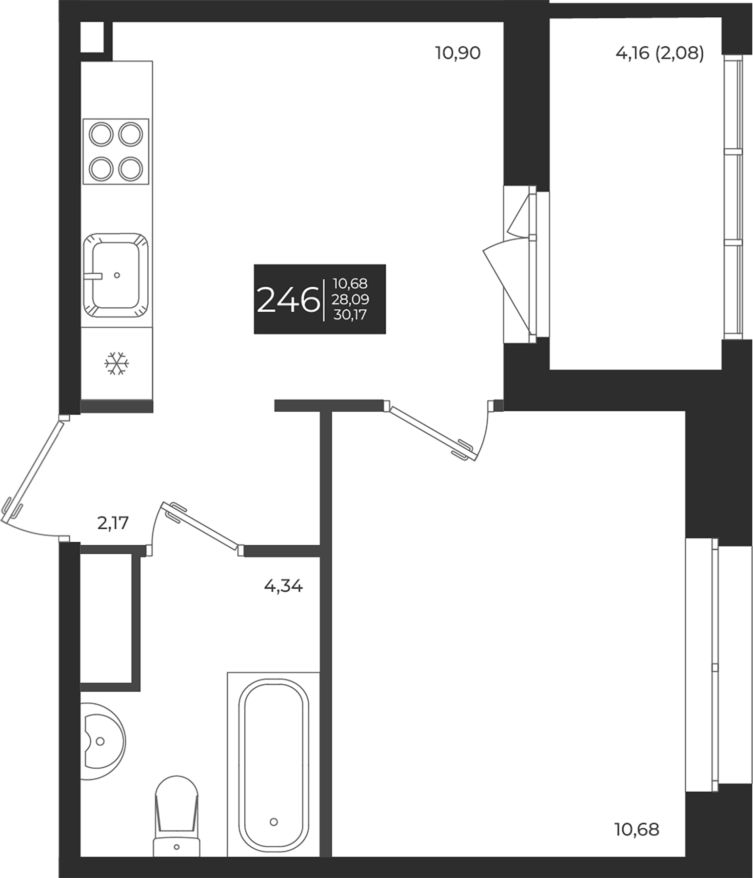 Планировка — Новатория, 1-комн., 28 м²