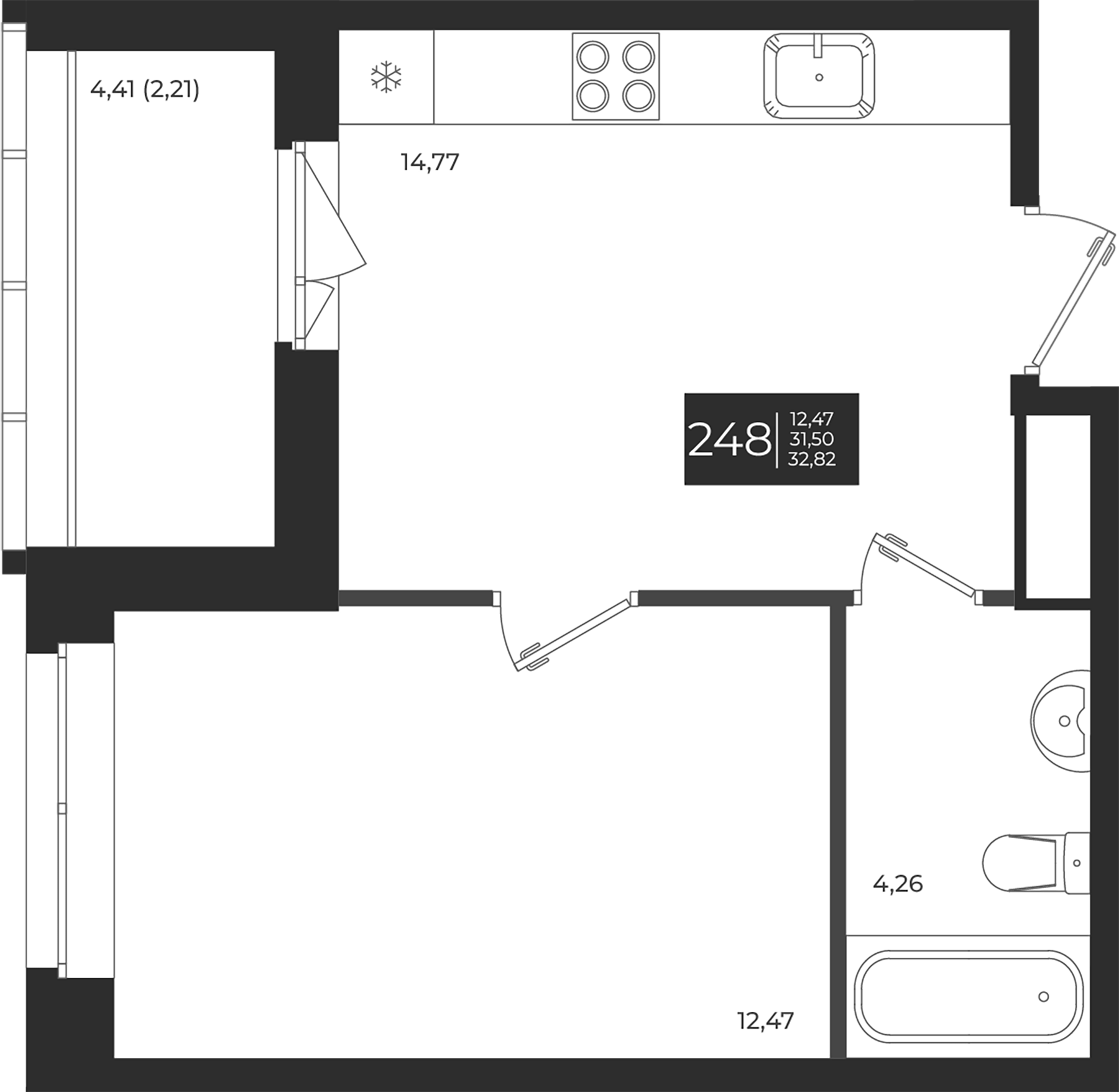Планировка — Новатория, 1-комн., 32 м²