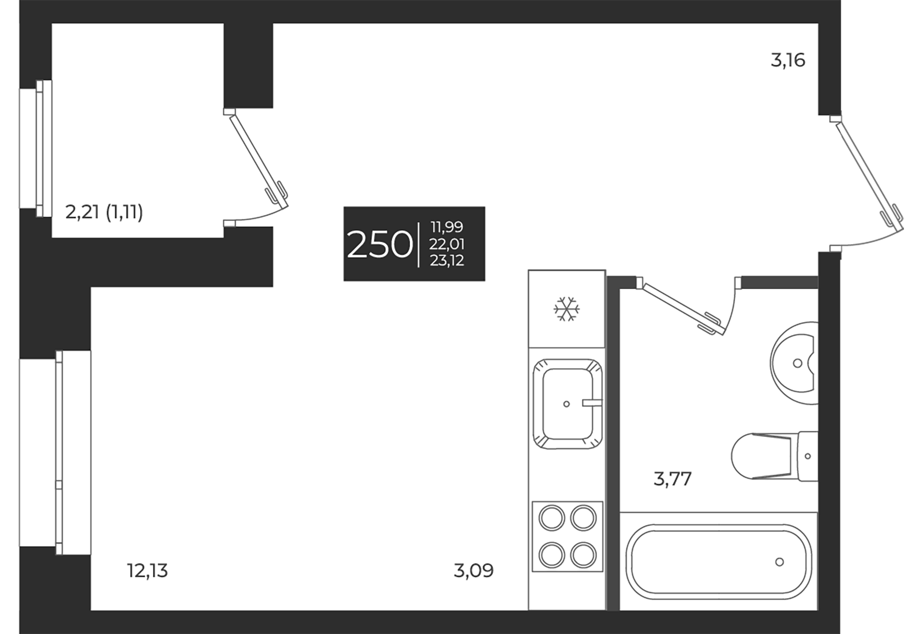 Планировка — Новатория, Студия, 22 м²