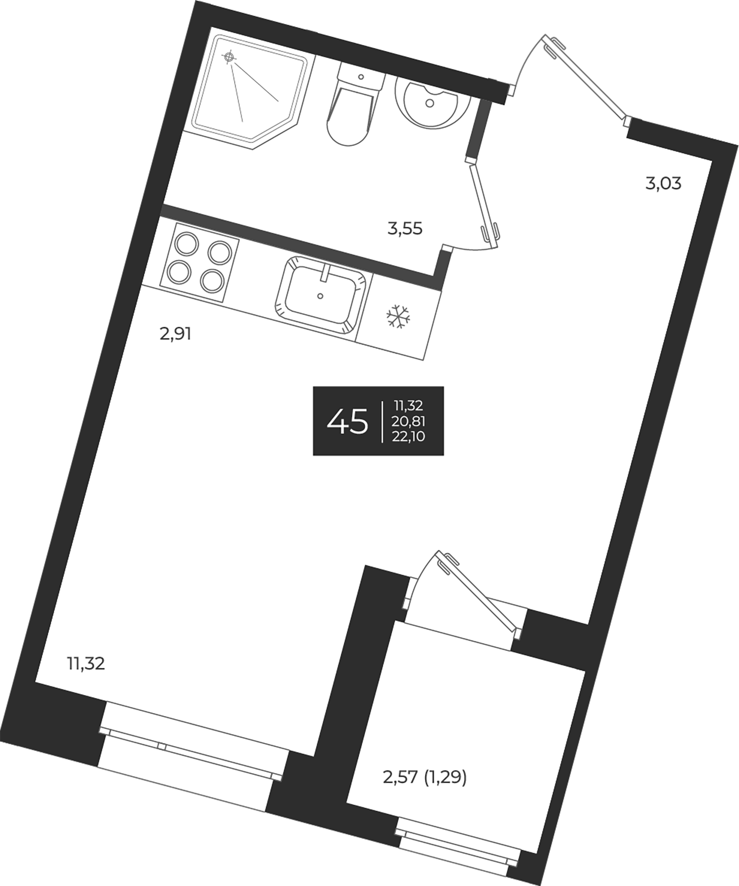 Планировка — Новатория, Студия, 21 м²