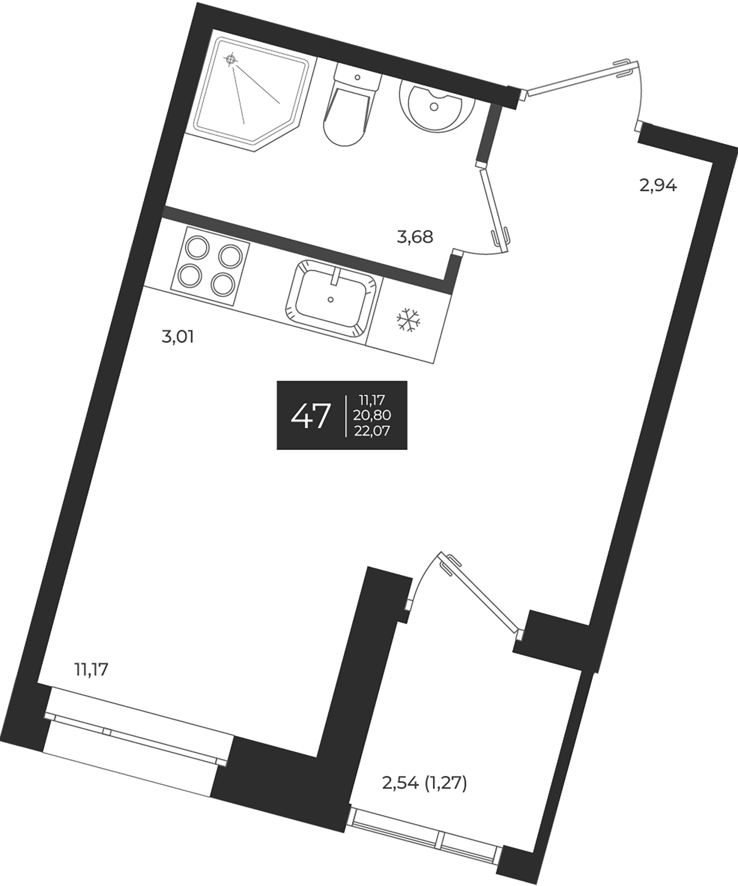 Планировка — Новатория, Студия, 21 м²