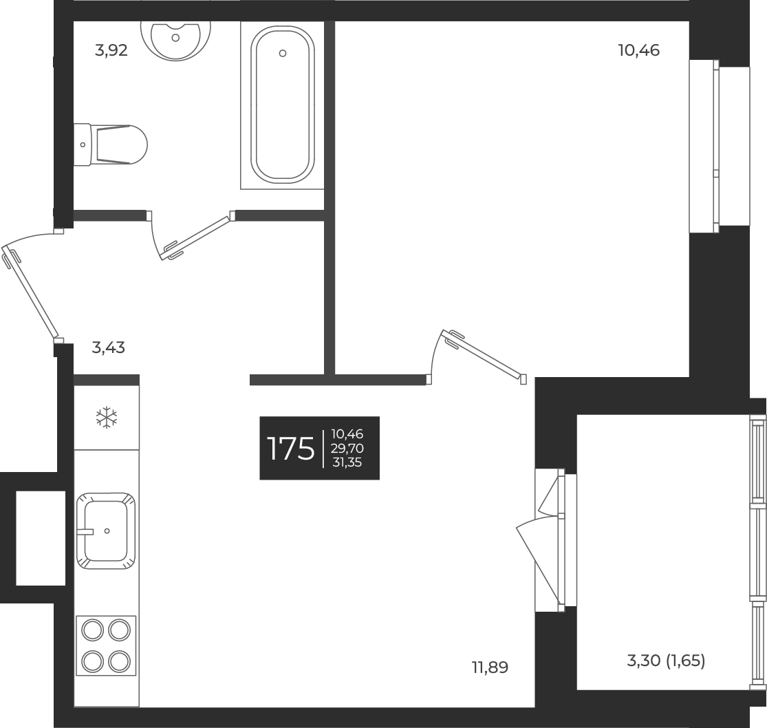 Планировка — Новатория, 1-комн., 30 м²