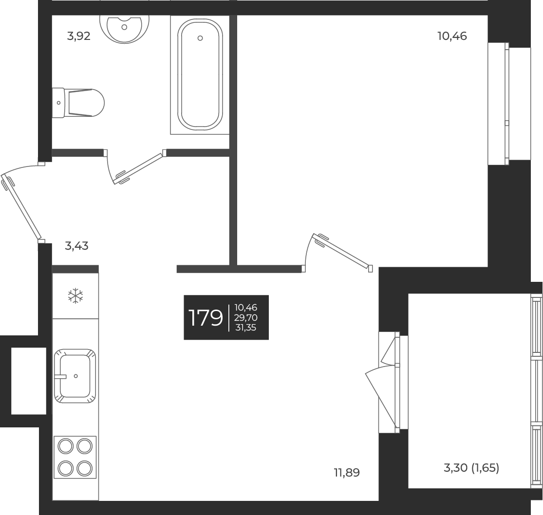 Планировка — Новатория, 1-комн., 30 м²
