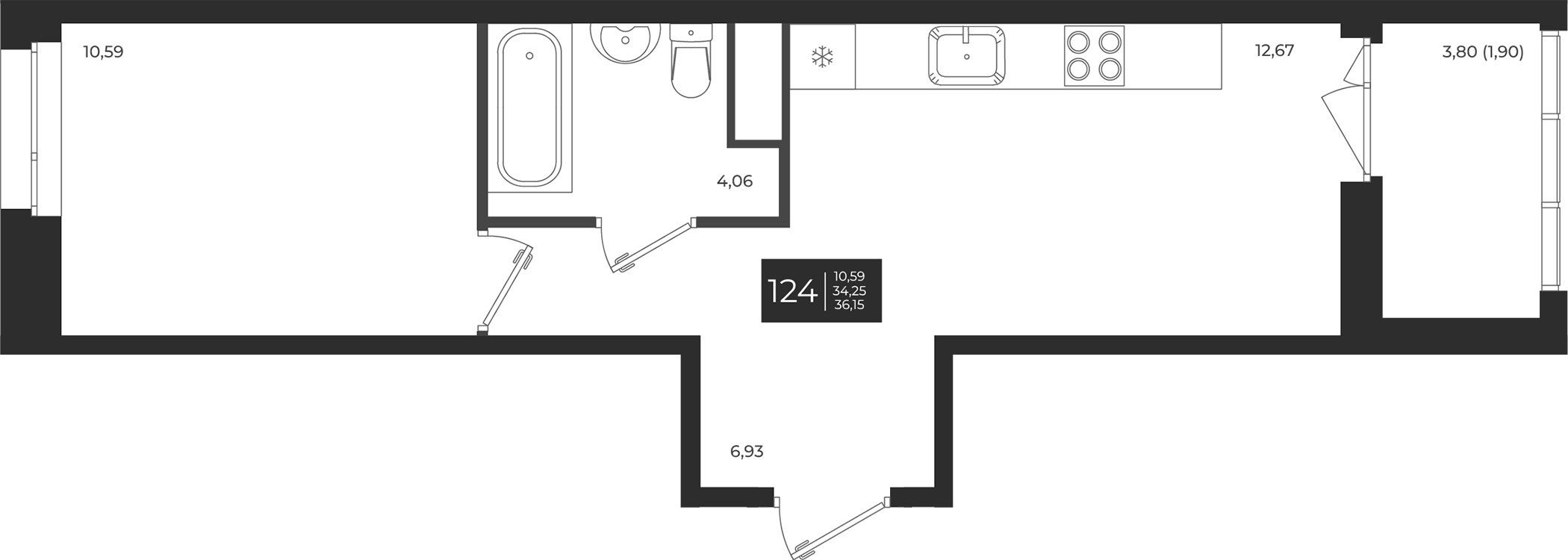 Планировка — Новатория, 1-комн., 34 м²