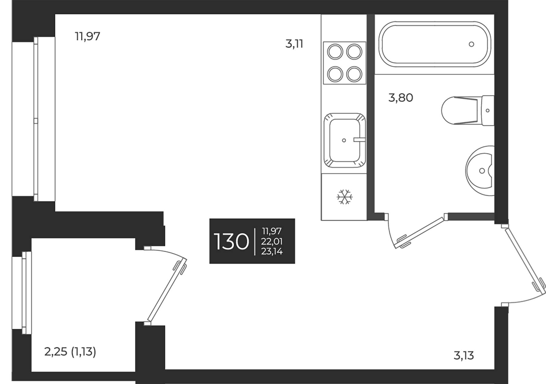 Планировка — Новатория, Студия, 22 м²
