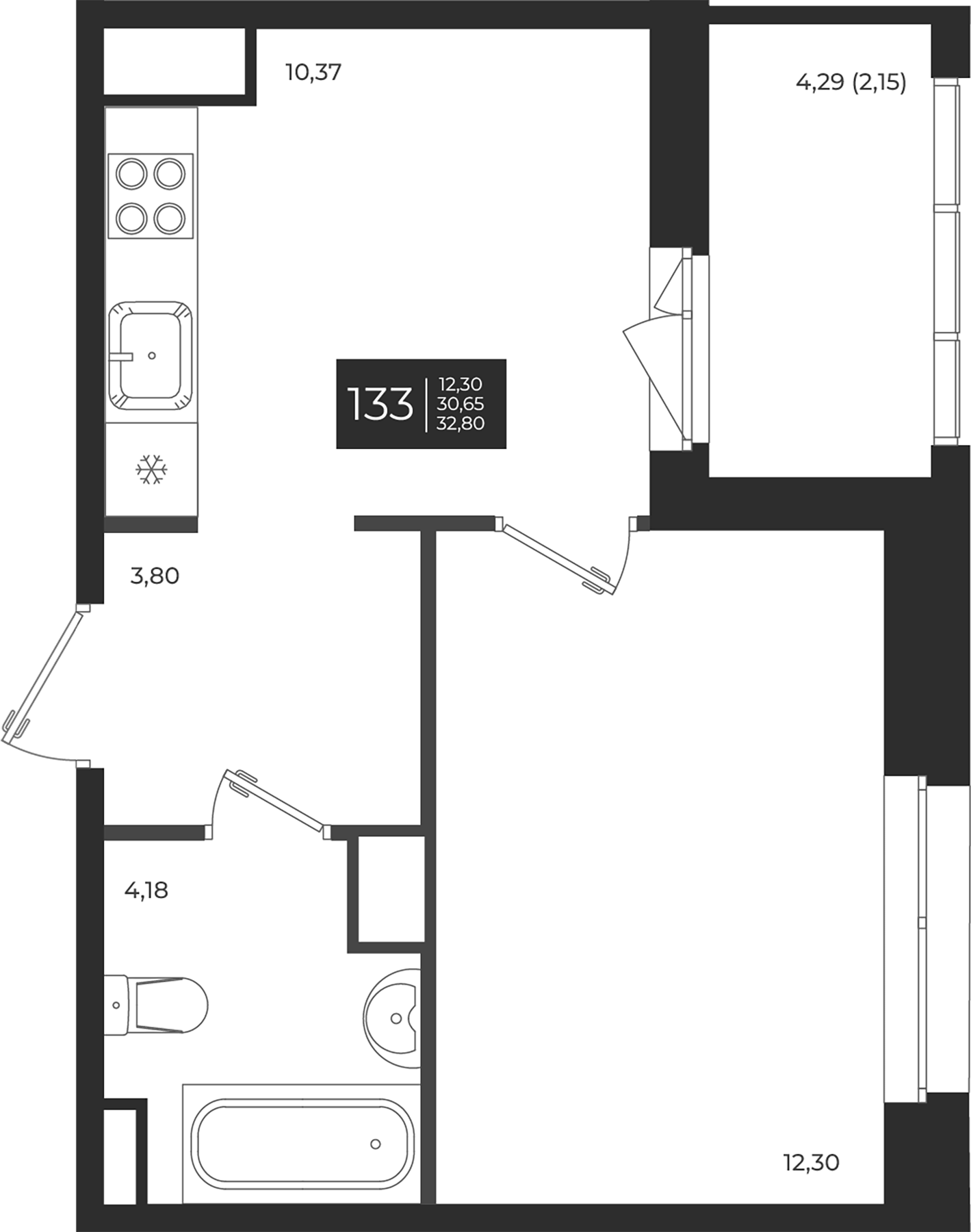 Планировка — Новатория, 1-комн., 31 м²