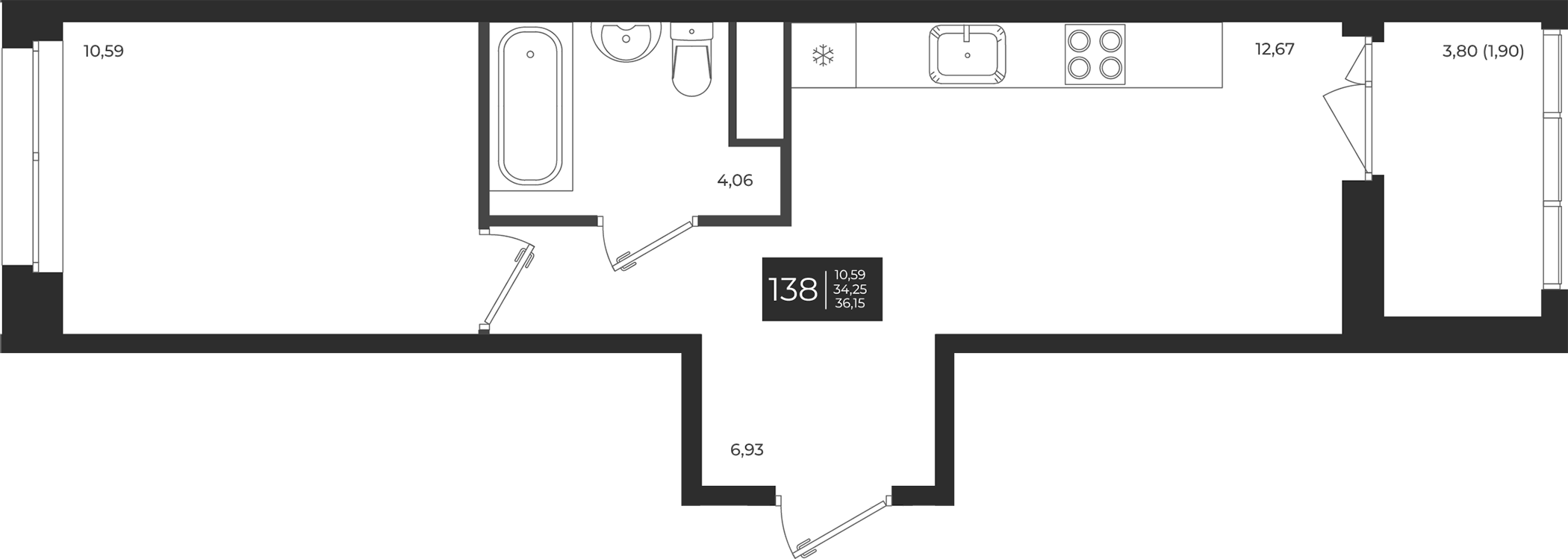 Планировка — Новатория, 1-комн., 34 м²