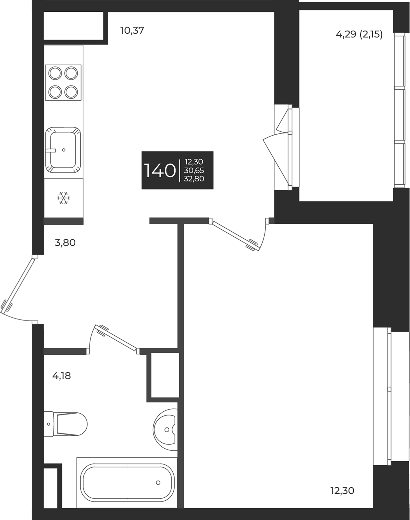 Планировка — Новатория, 1-комн., 31 м²
