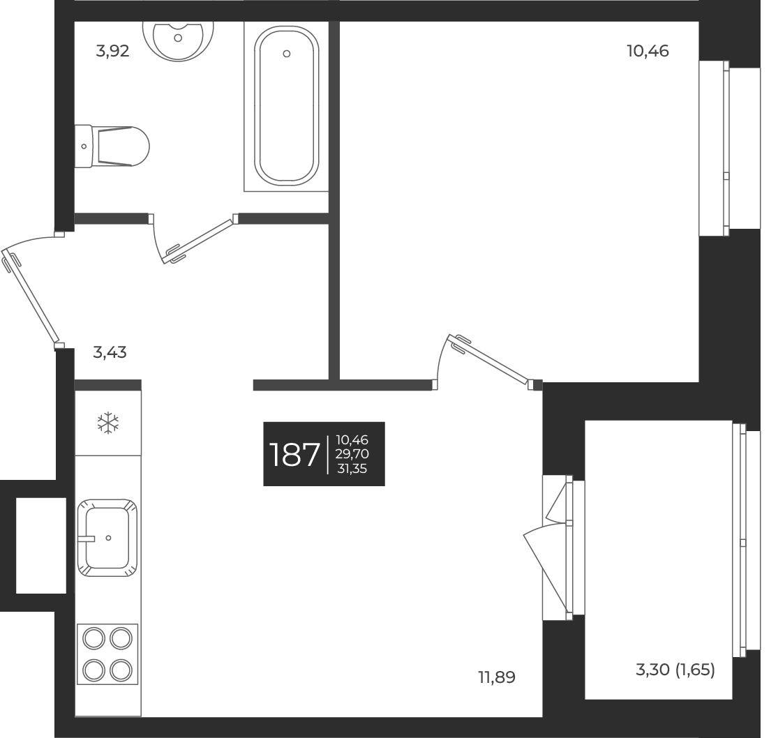 Планировка — Новатория, 1-комн., 30 м²