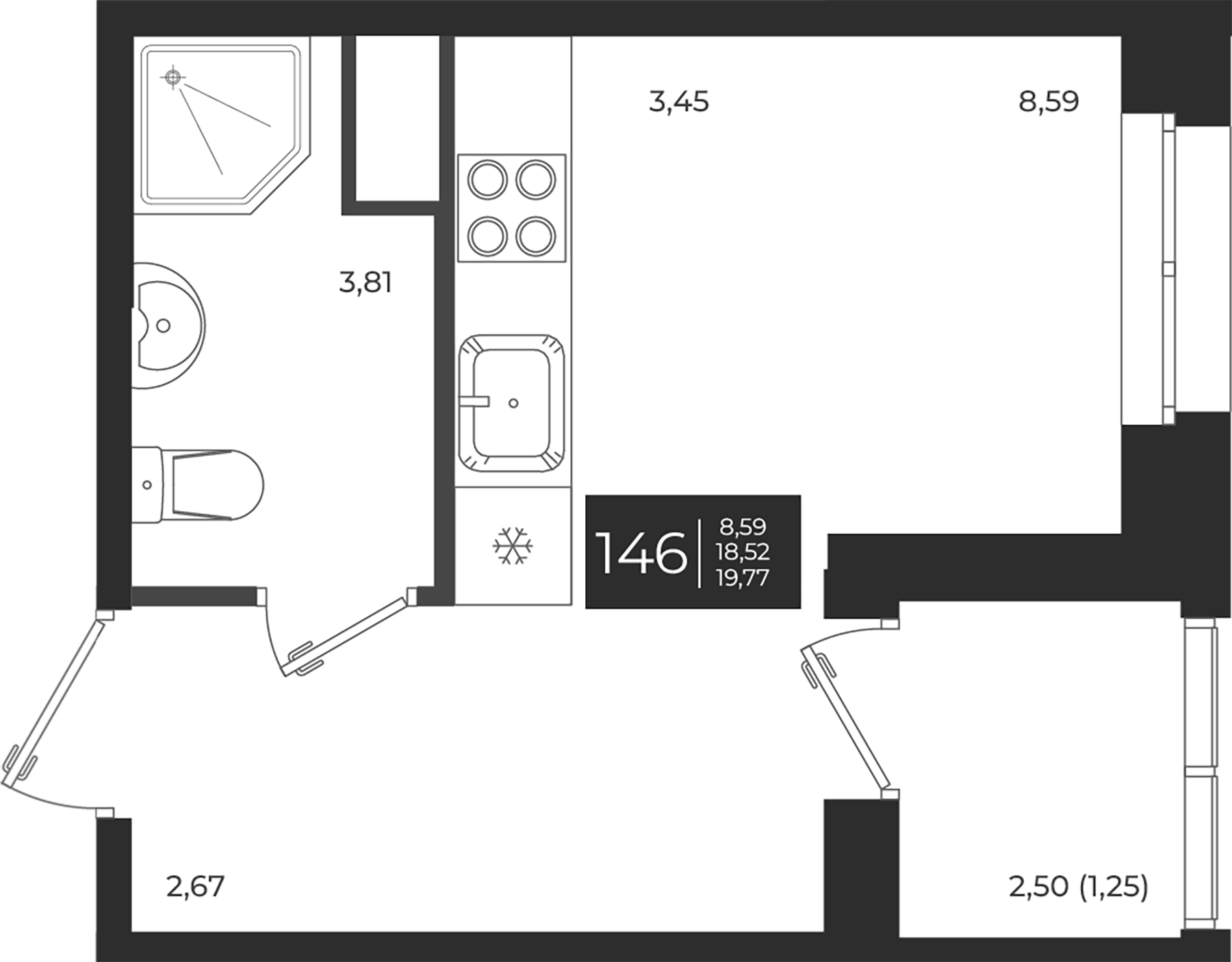 Планировка — Новатория, Студия, 19 м²