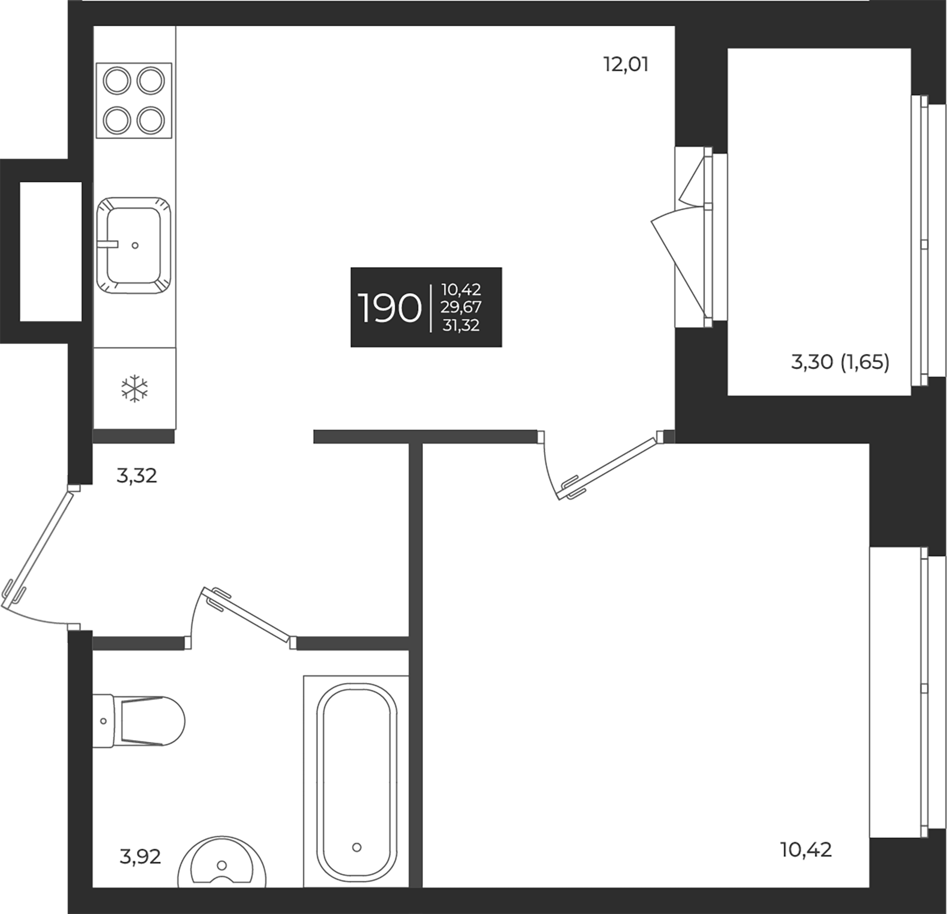 Планировка — Новатория, 1-комн., 30 м²