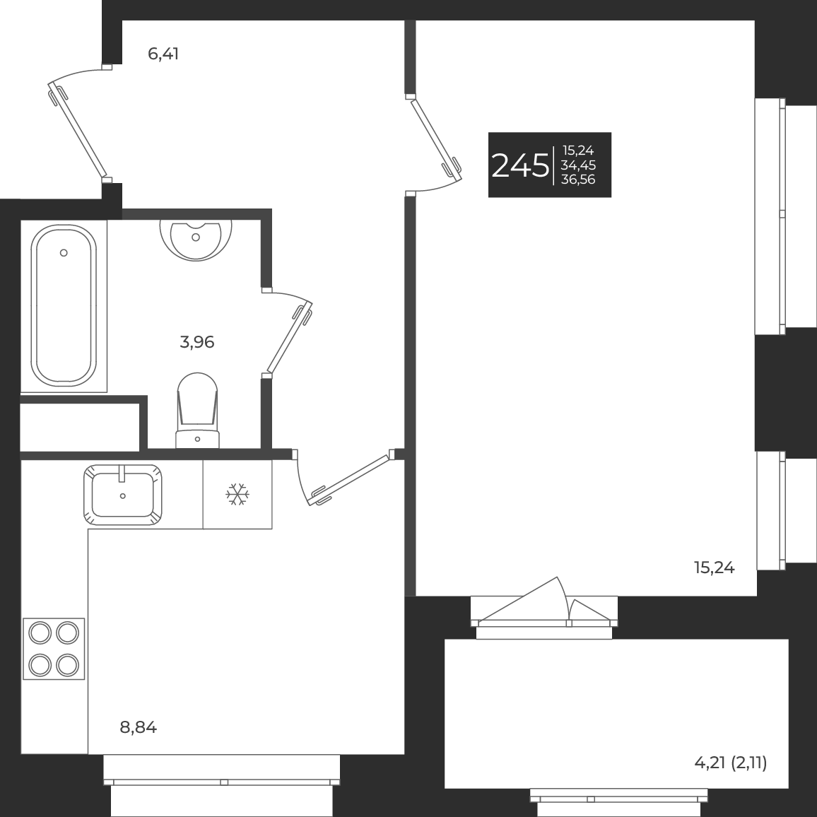 Планировка — Новатория, 1-комн., 34 м²