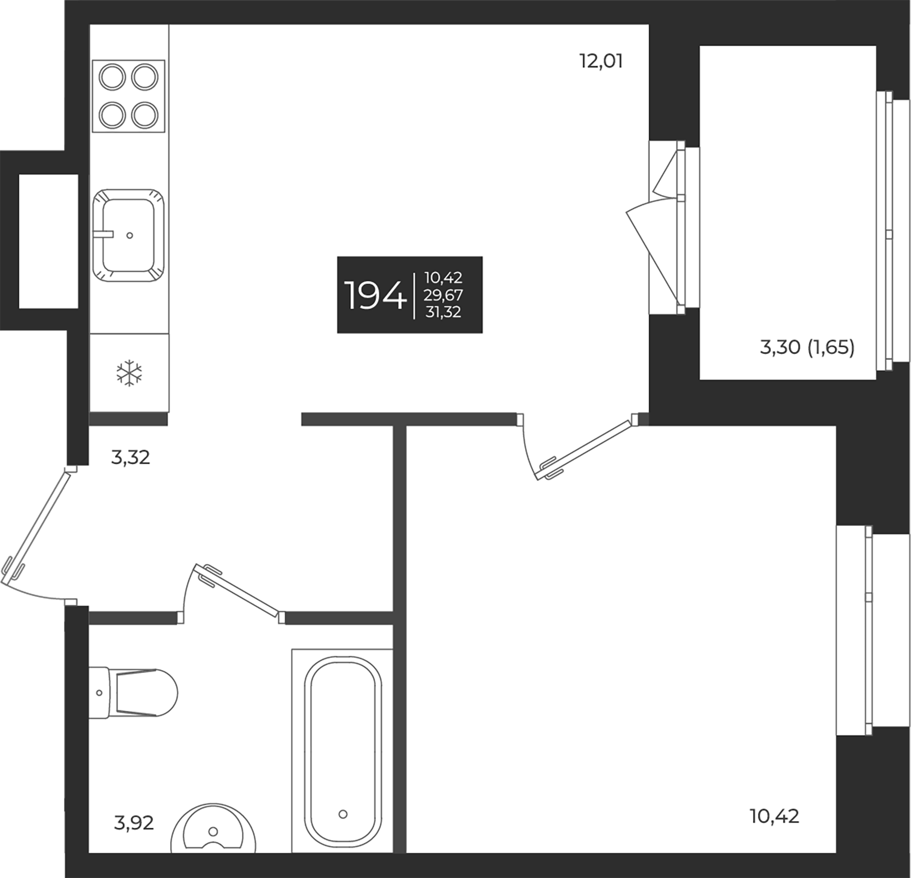 Планировка — Новатория, 1-комн., 30 м²