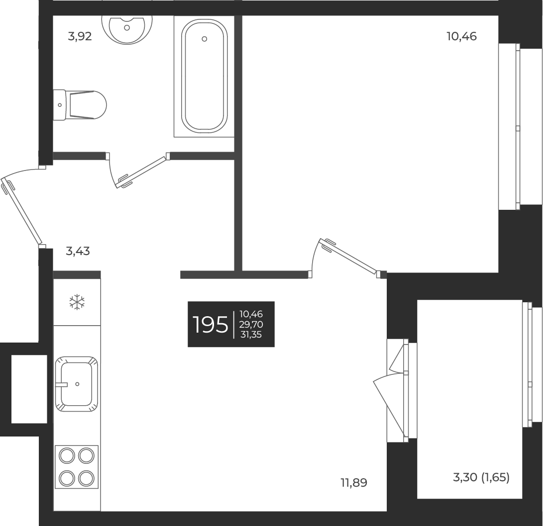 Планировка — Новатория, 1-комн., 30 м²
