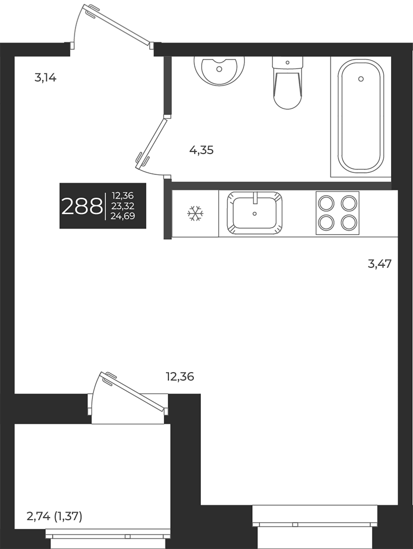 Планировка — Новатория, Студия, 23 м²