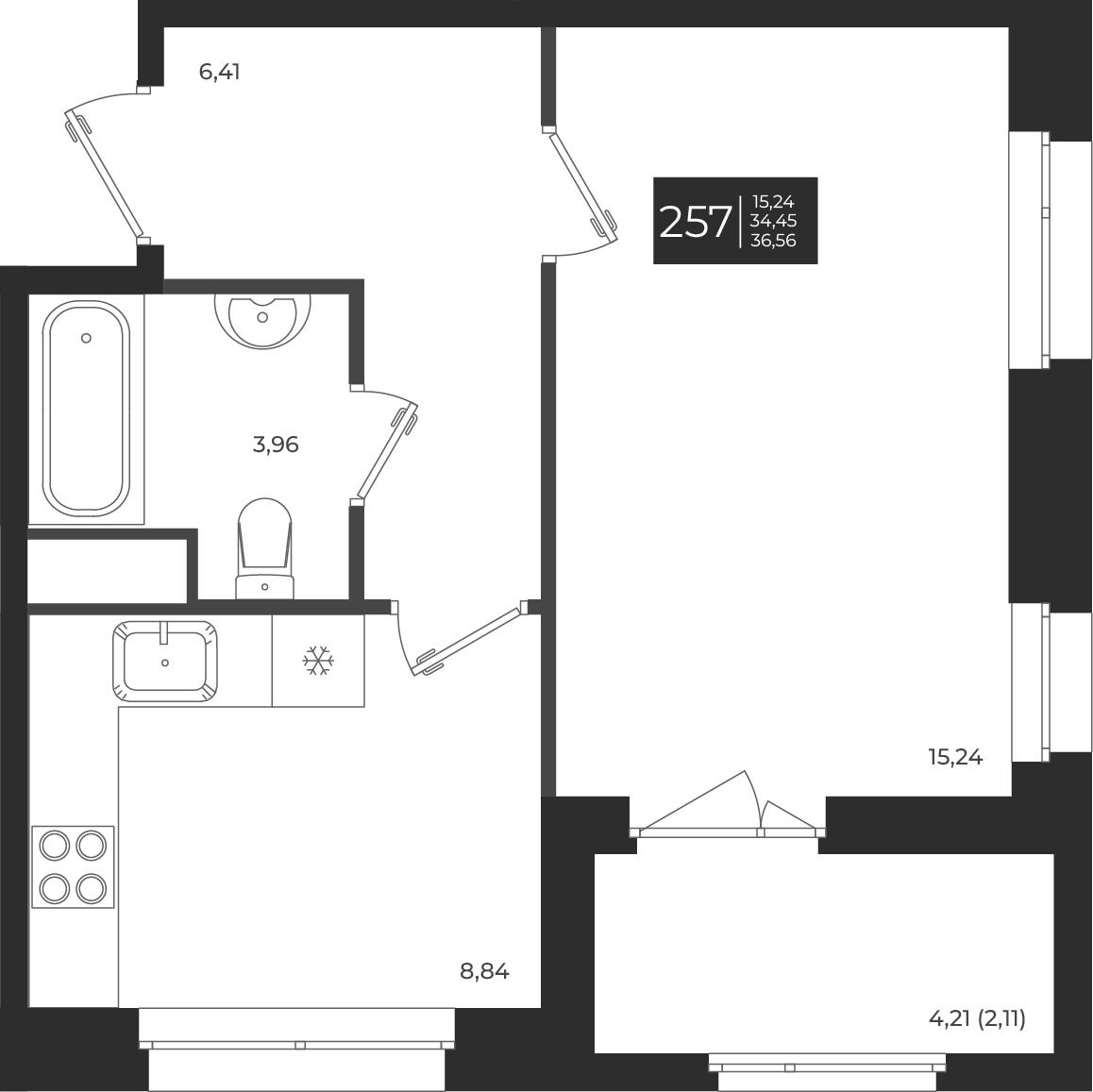 Планировка — Новатория, 1-комн., 34 м²
