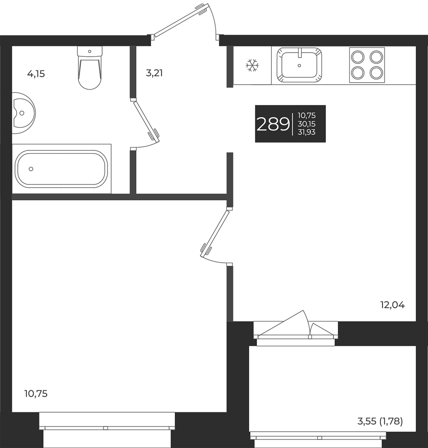 Планировка — Новатория, 1-комн., 30 м²