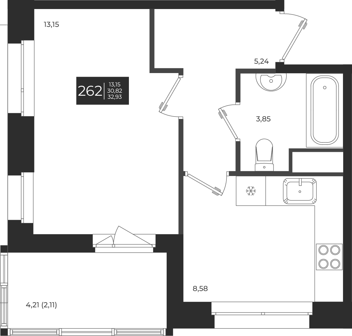 Планировка — Новатория, 1-комн., 31 м²