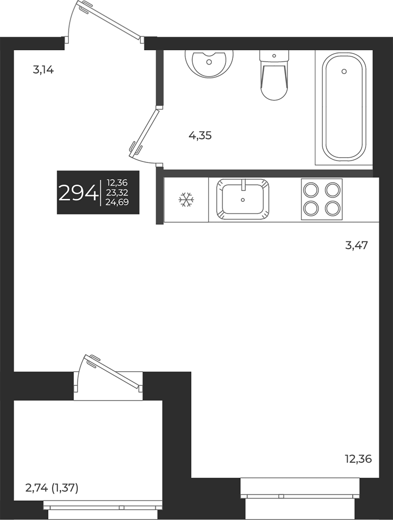 Планировка — Новатория, Студия, 23 м²