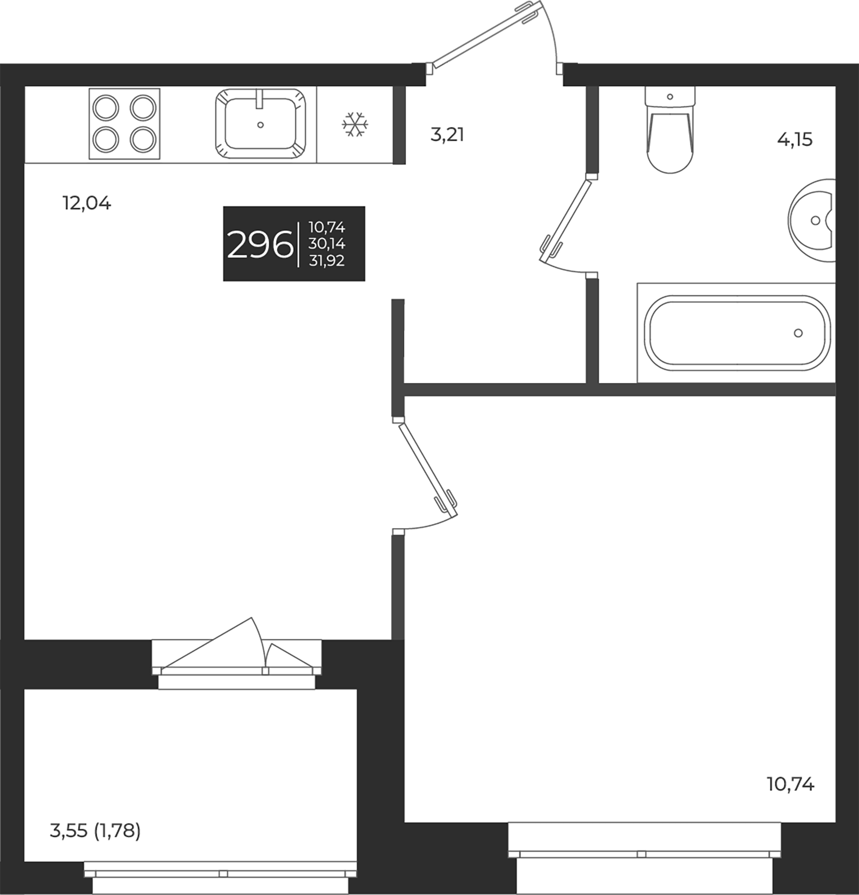 Планировка — Новатория, 1-комн., 30 м²