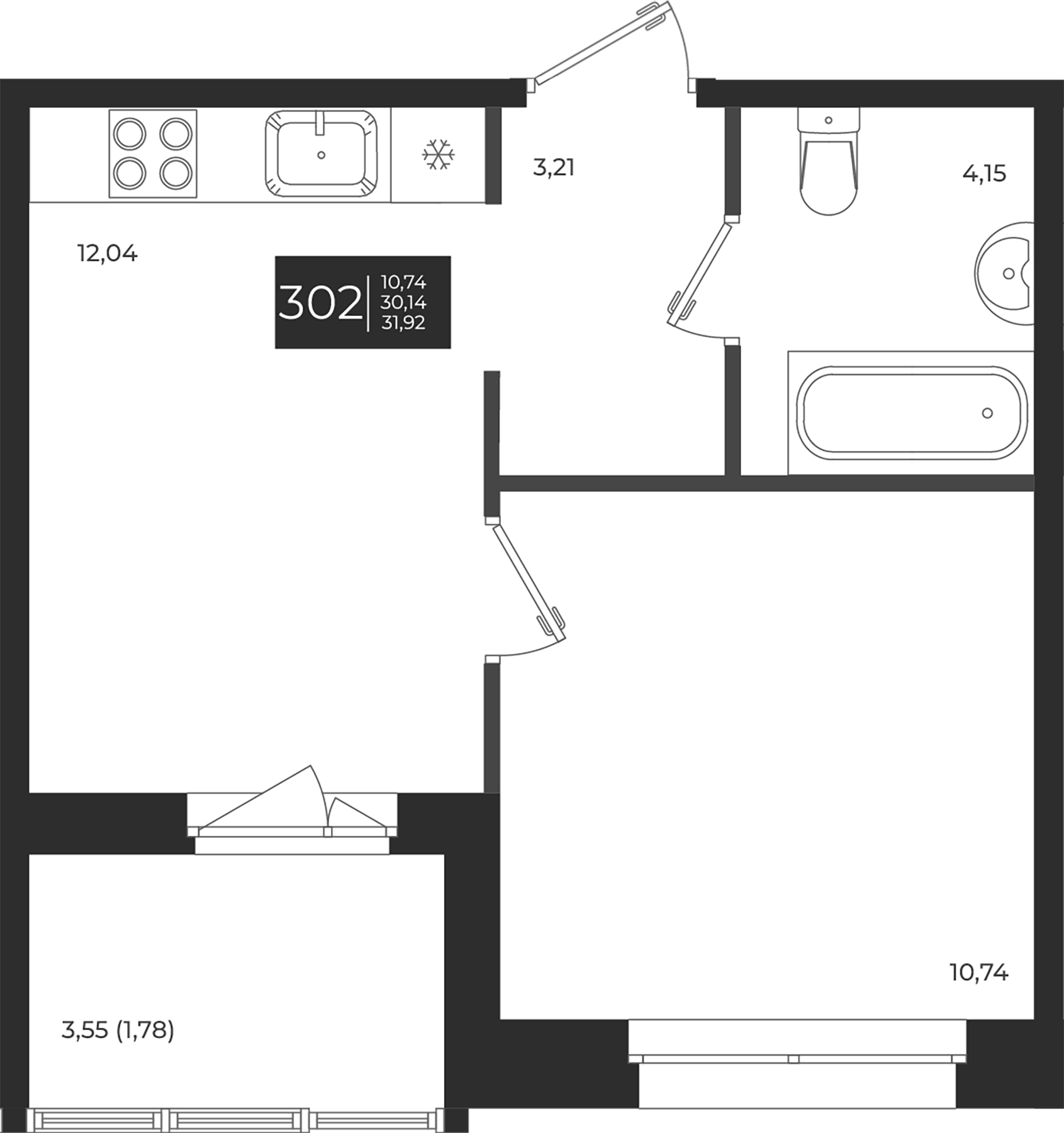 Планировка — Новатория, 1-комн., 30 м²