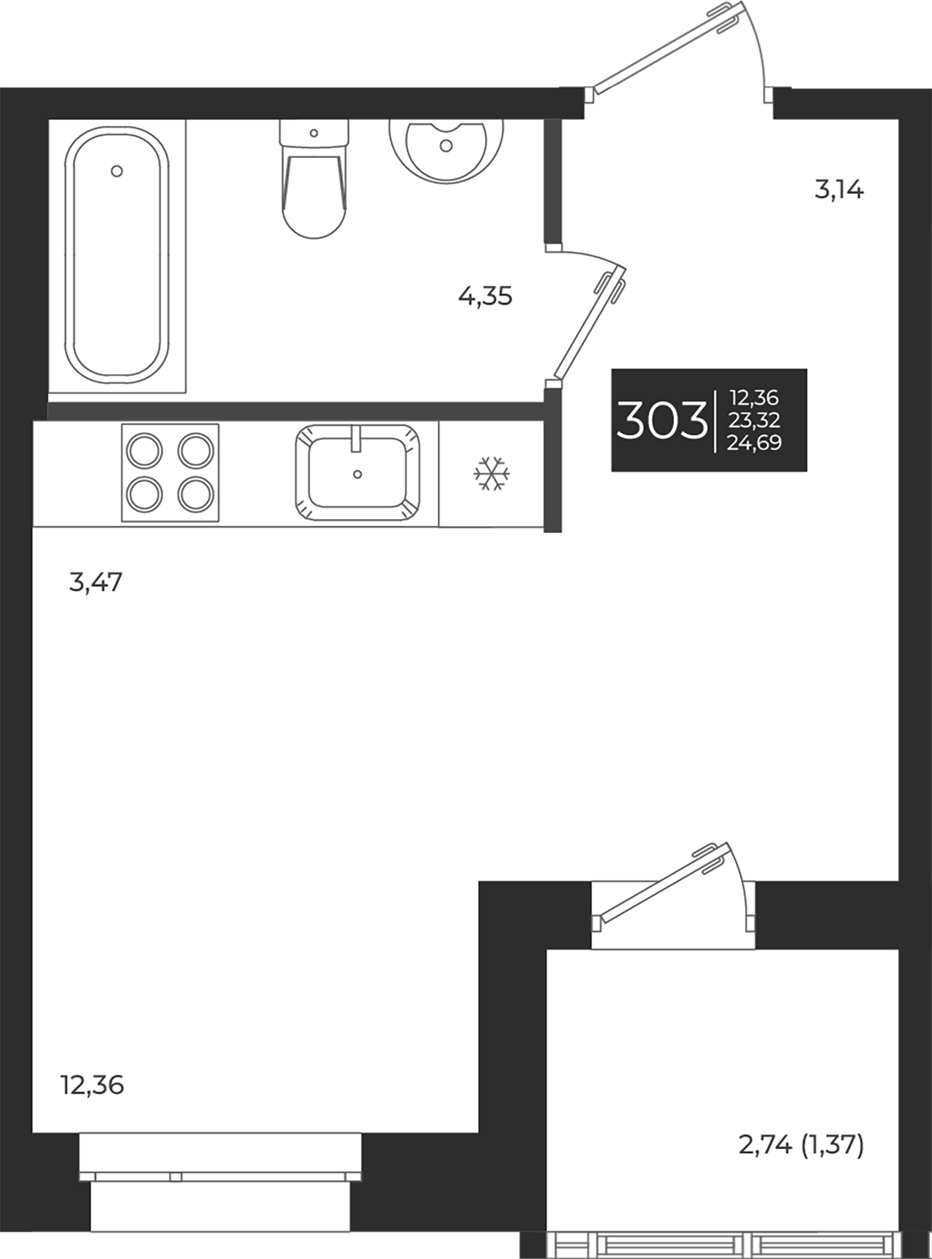 Планировка — Новатория, Студия, 23 м²