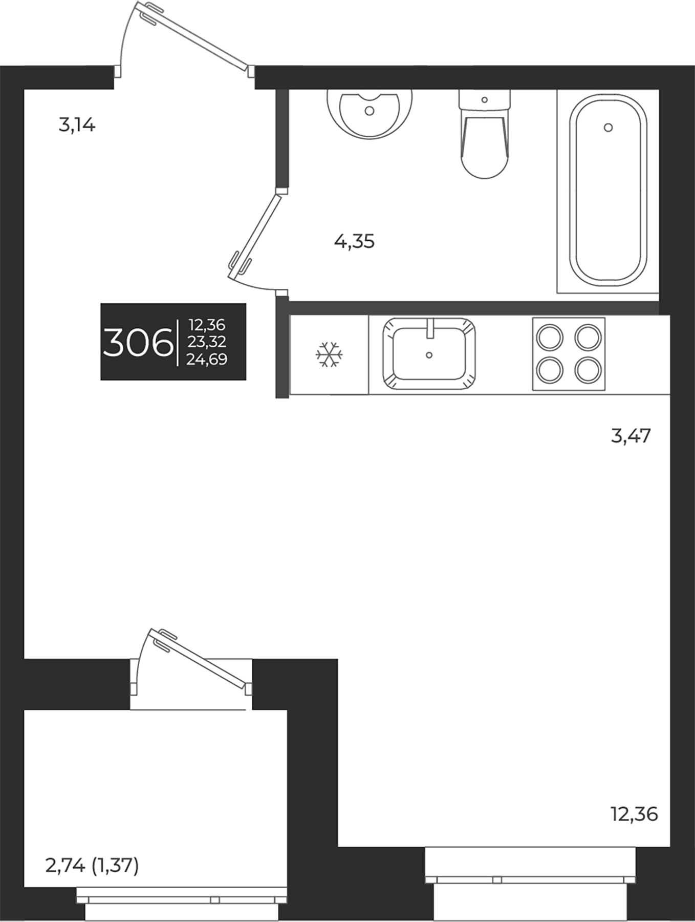 Планировка — Новатория, Студия, 23 м²