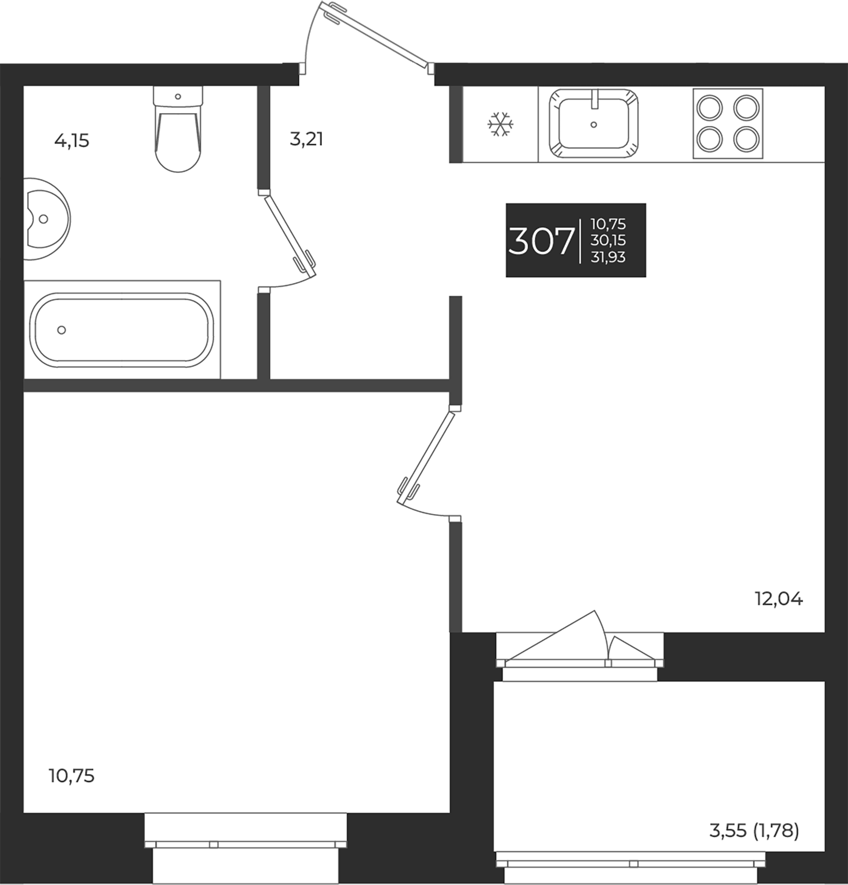 Планировка — Новатория, 1-комн., 30 м²