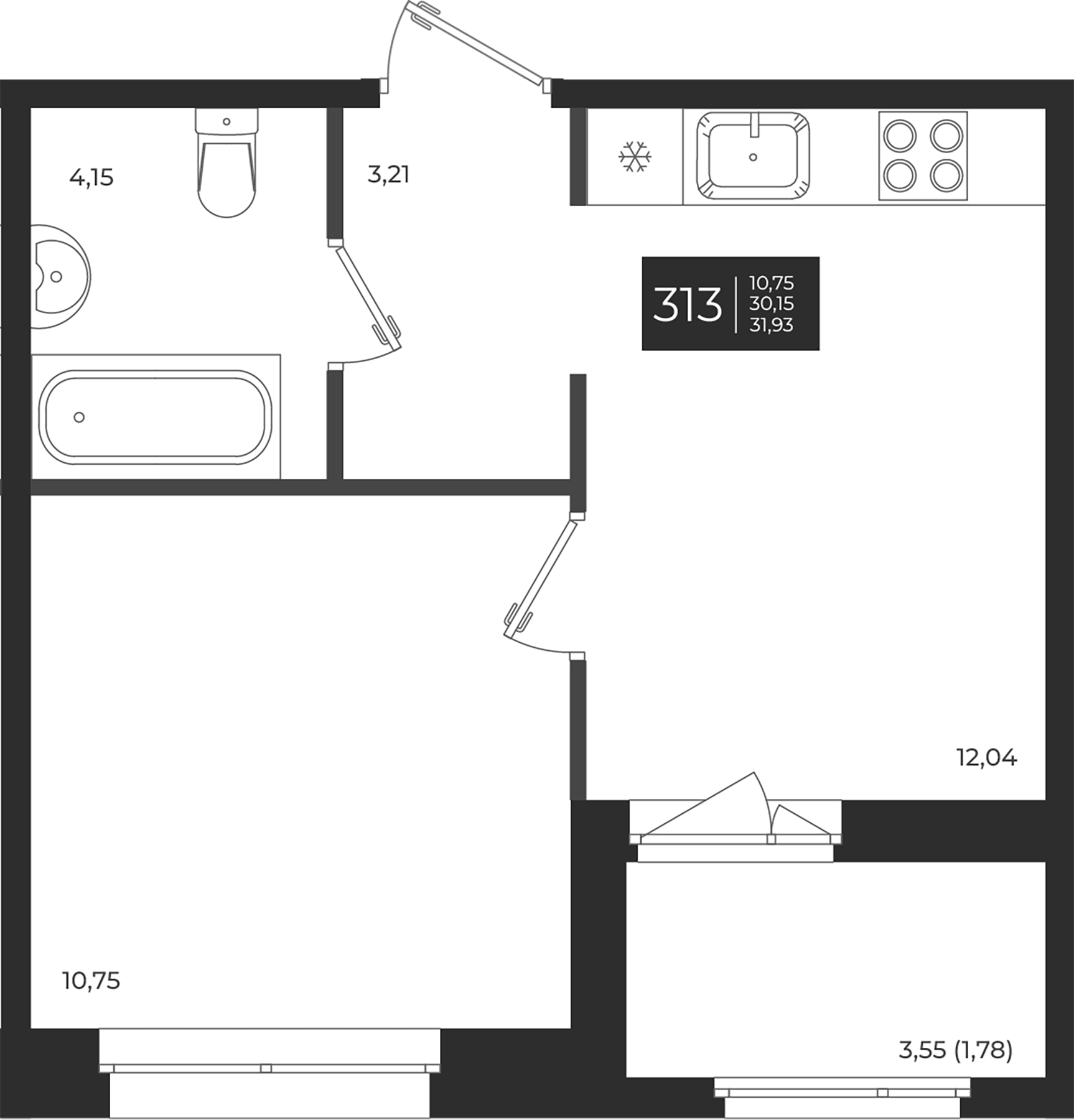 Планировка — Новатория, 1-комн., 30 м²